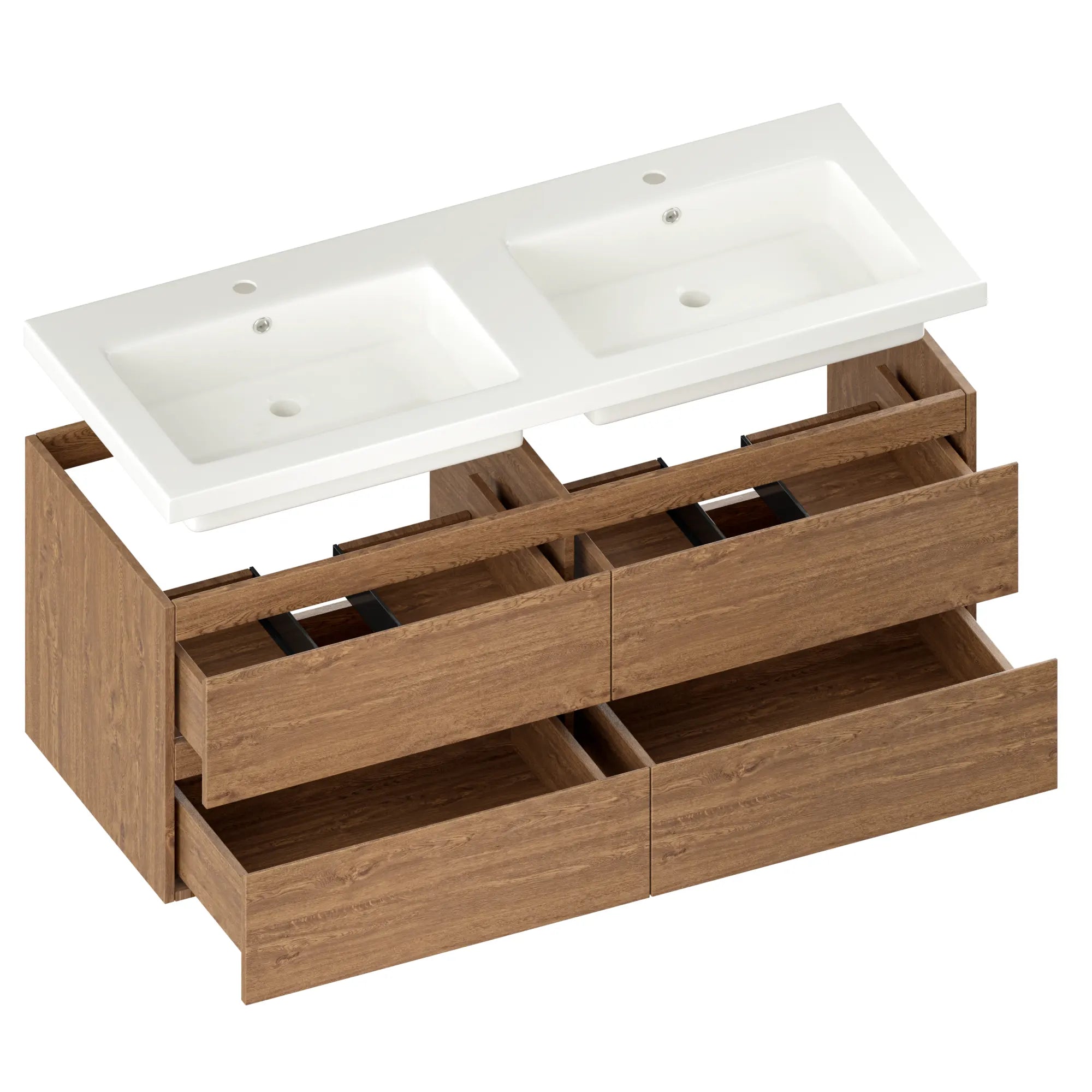 Badkamermeubel Asora - 120cm - 2 Kraangaten - Warm Eiken - Wastafel Wit