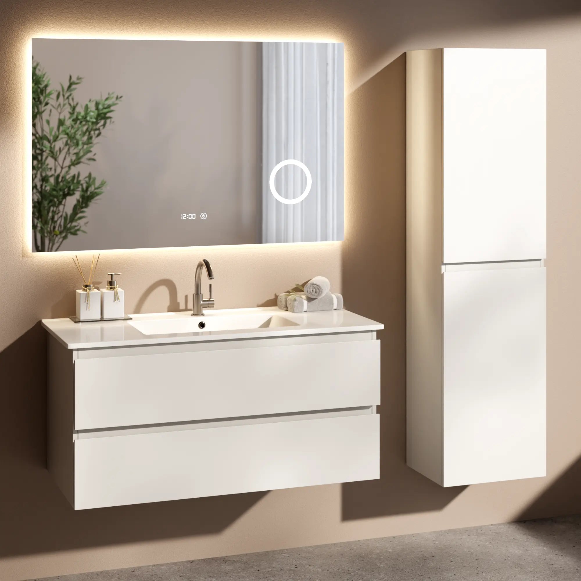 Badkamermeubel Varo - 100 cm - Glanzend wit - Witte wastafel