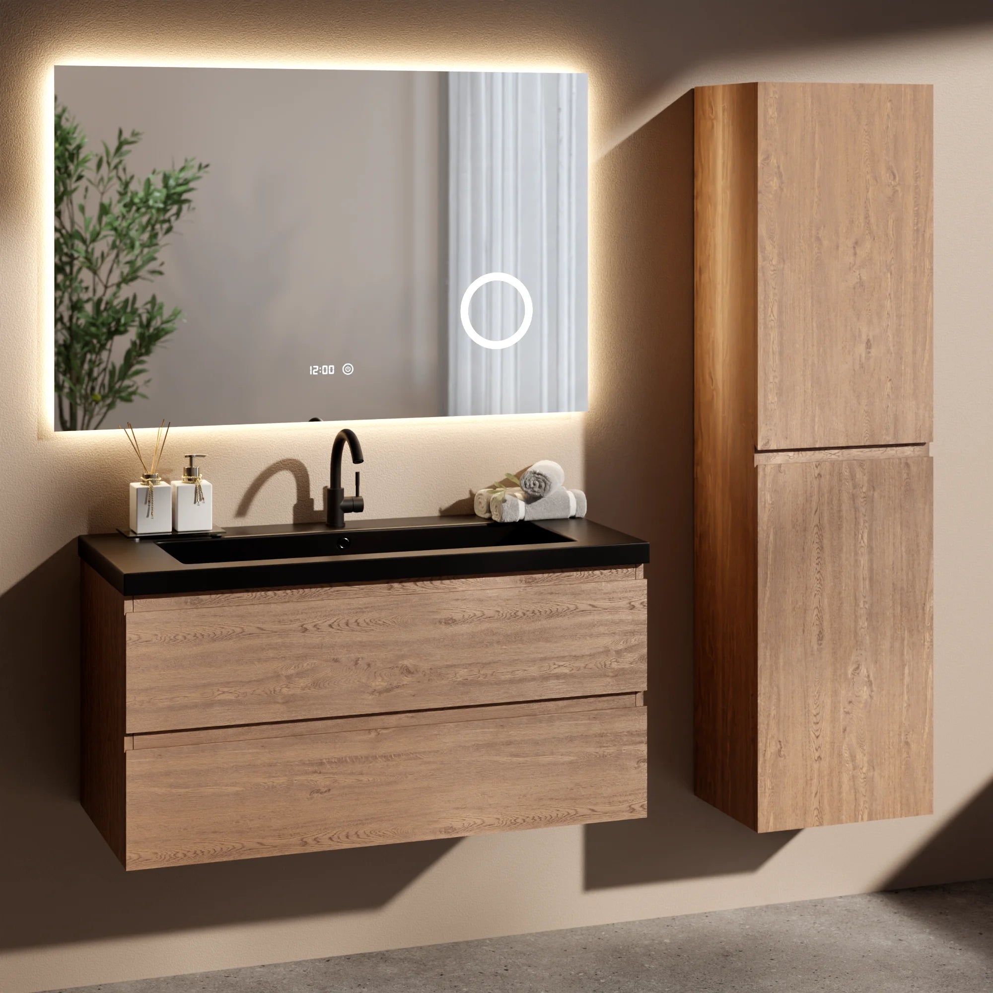 Badkamermeubel set Verona - 100cm - Warm Eiken - Wastafel Zwart - PRE-ORDER