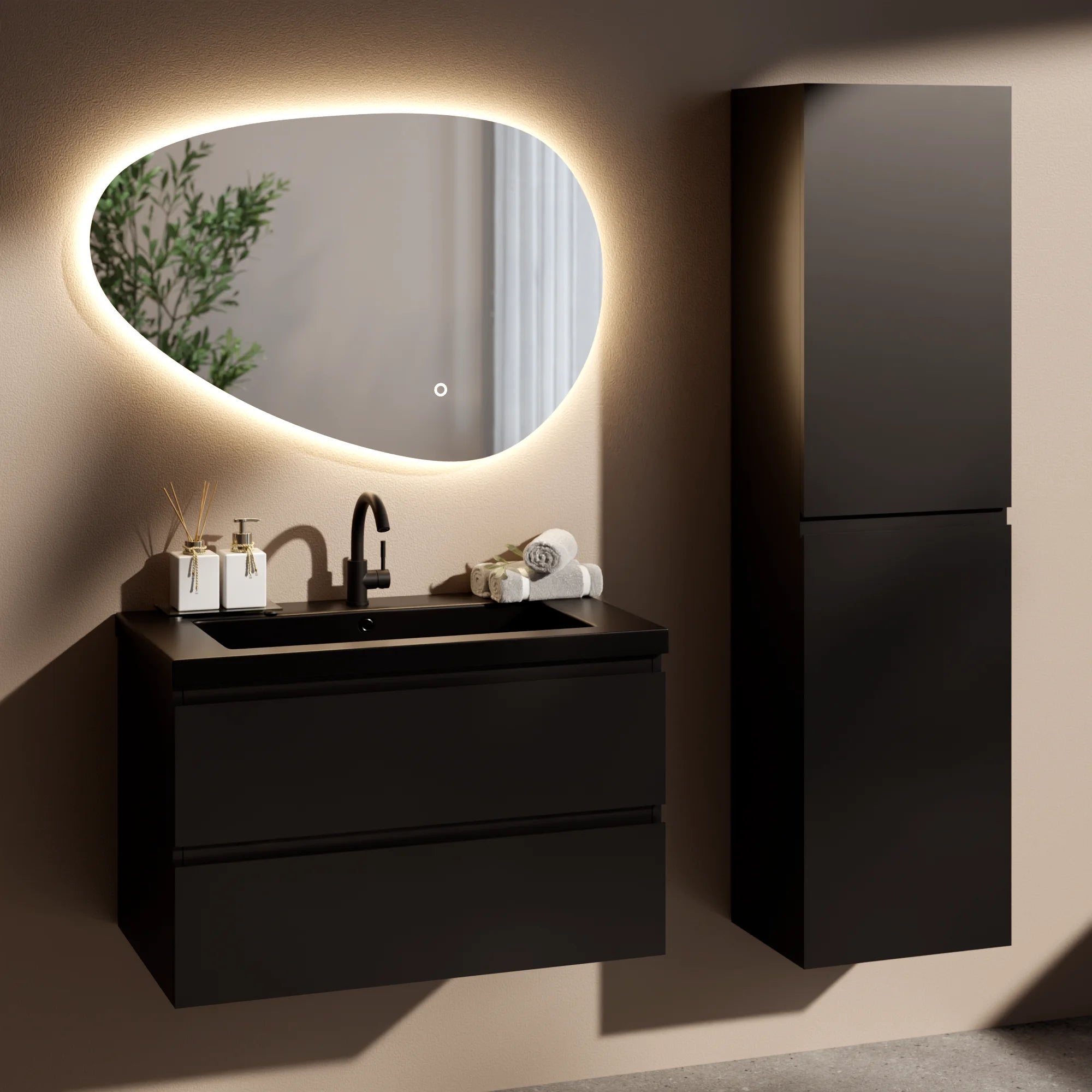 Badkamermeubel set Novara - 80cm - Mat Zwart - Wastafel Zwart - PRE-ORDER