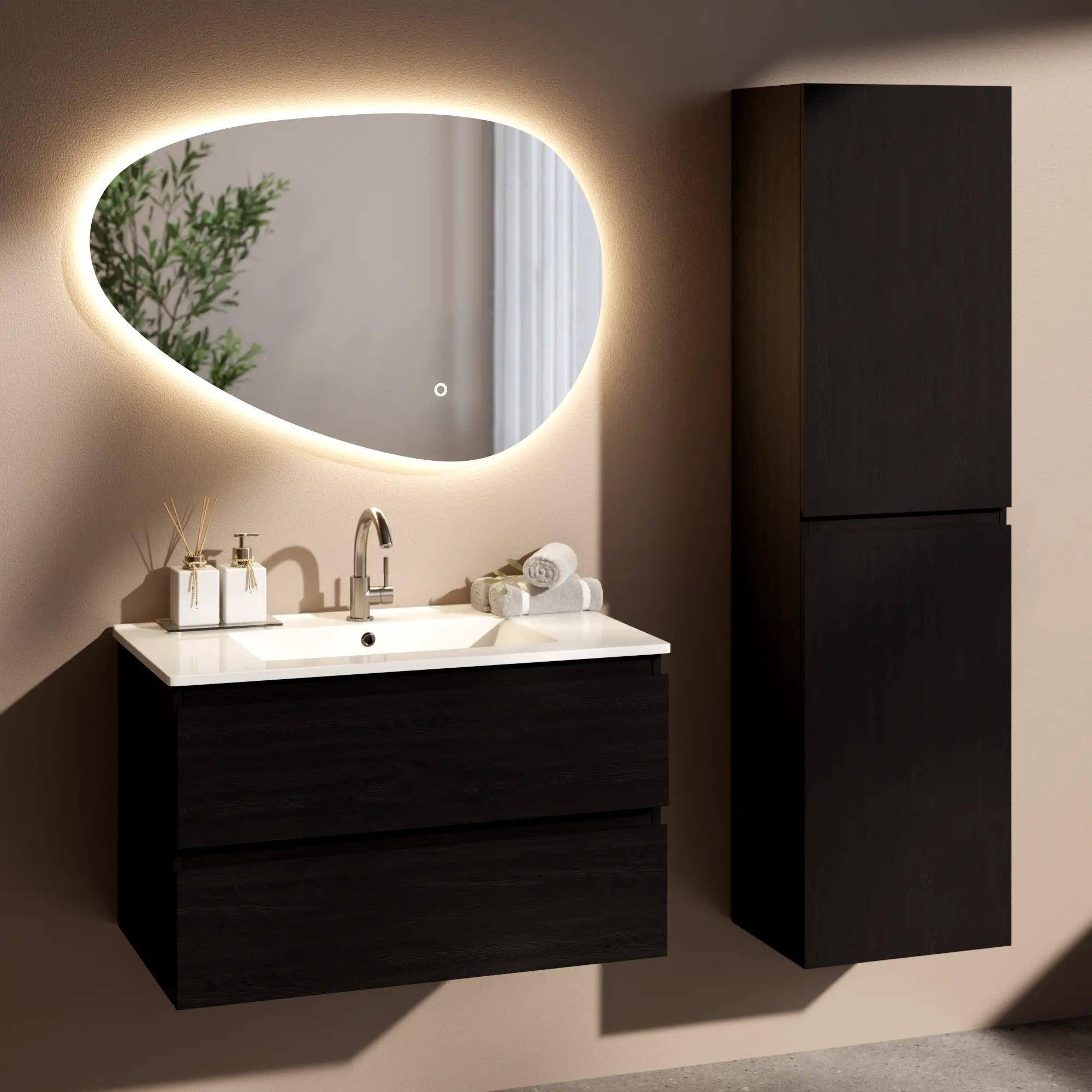 Badkamermeubel Luma - 80 cm - Zwart Eiken - Witte wastafel