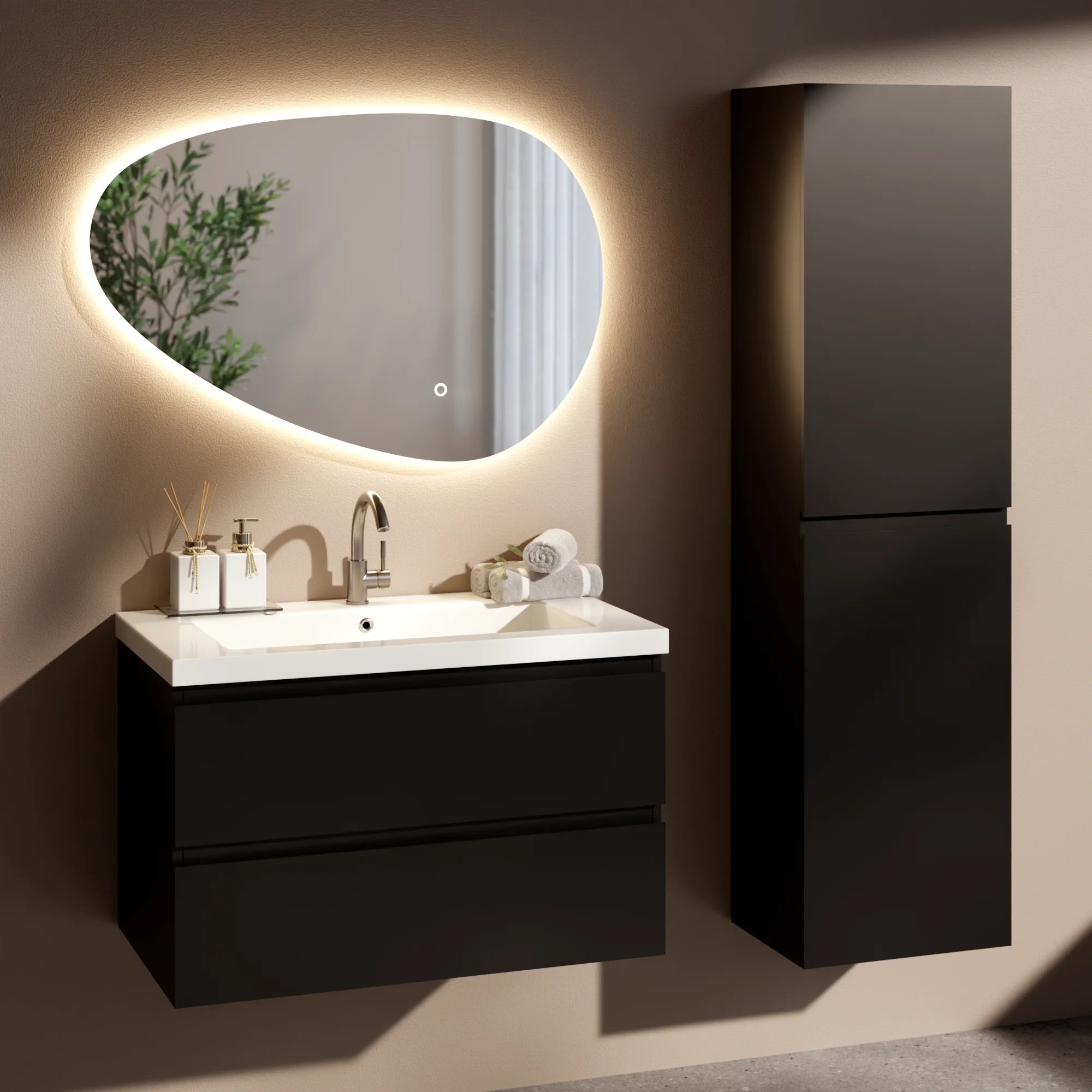 Badkamermeubel set Lunaro - 80cm - Mat Zwart - Wastafel Wit