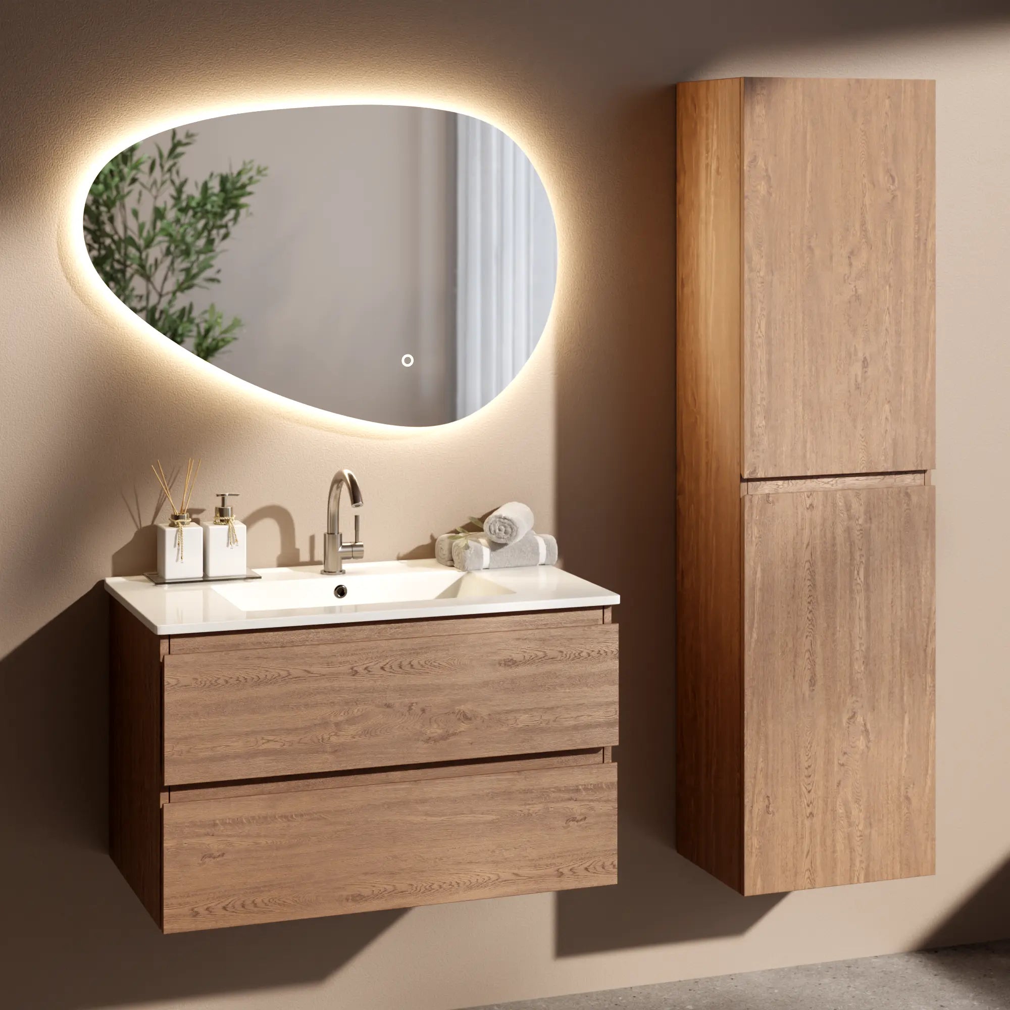 Badkamermeubel Luma - 80 cm - Warm Eiken - Witte wastafel