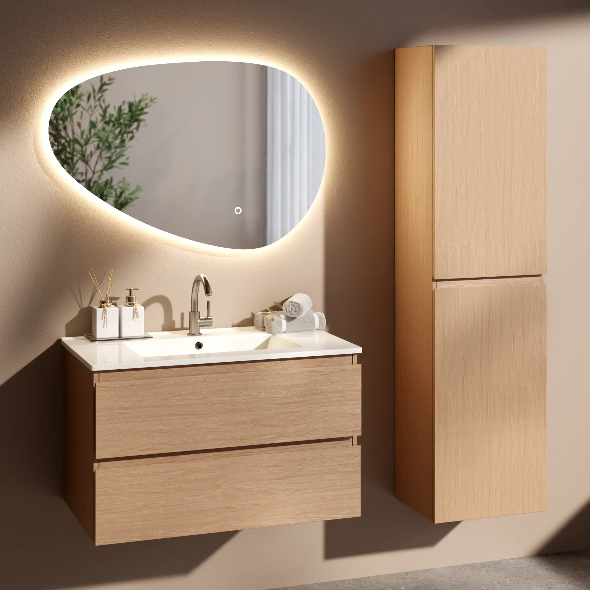 Badkamermeubel Luma - 80 cm - Licht Eiken - Witte wastafel