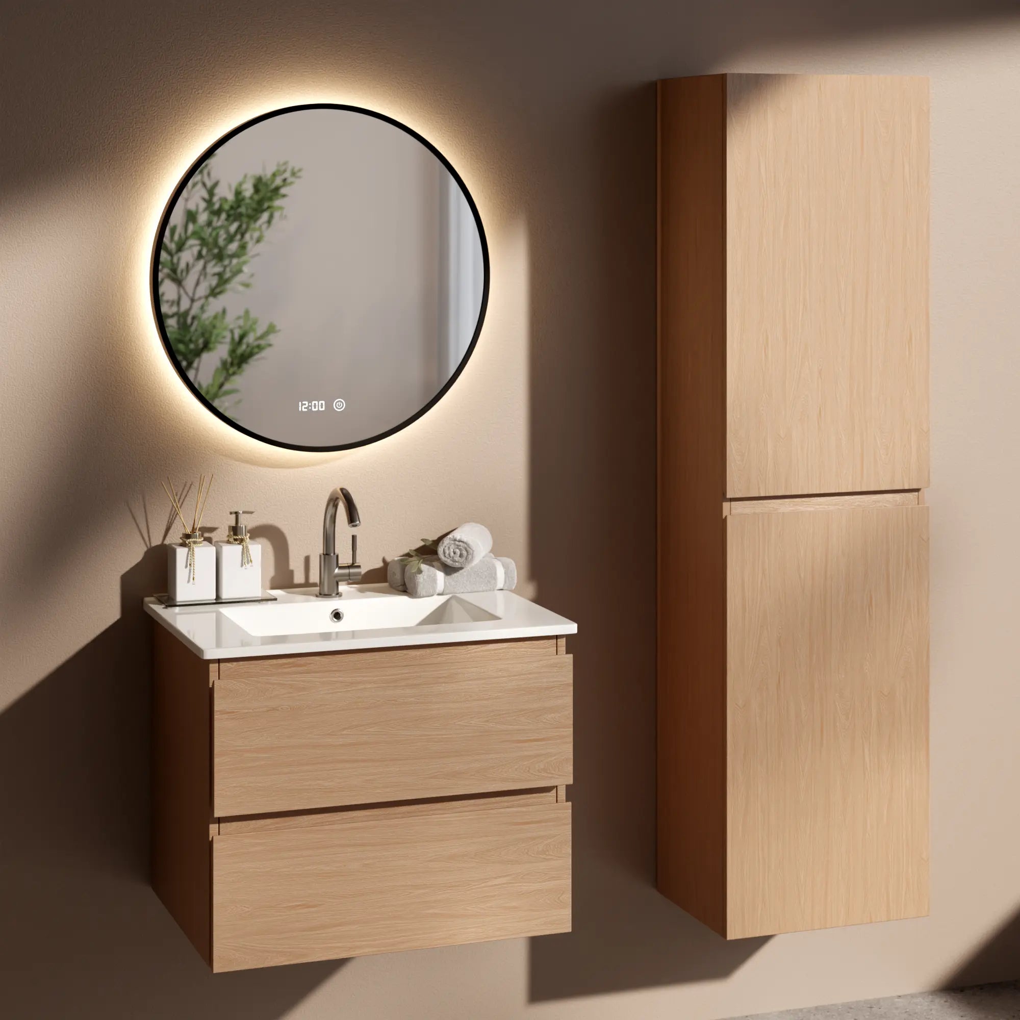 Badkamermeubel Norvi - 60 cm - Licht Eiken - Witte wastafel