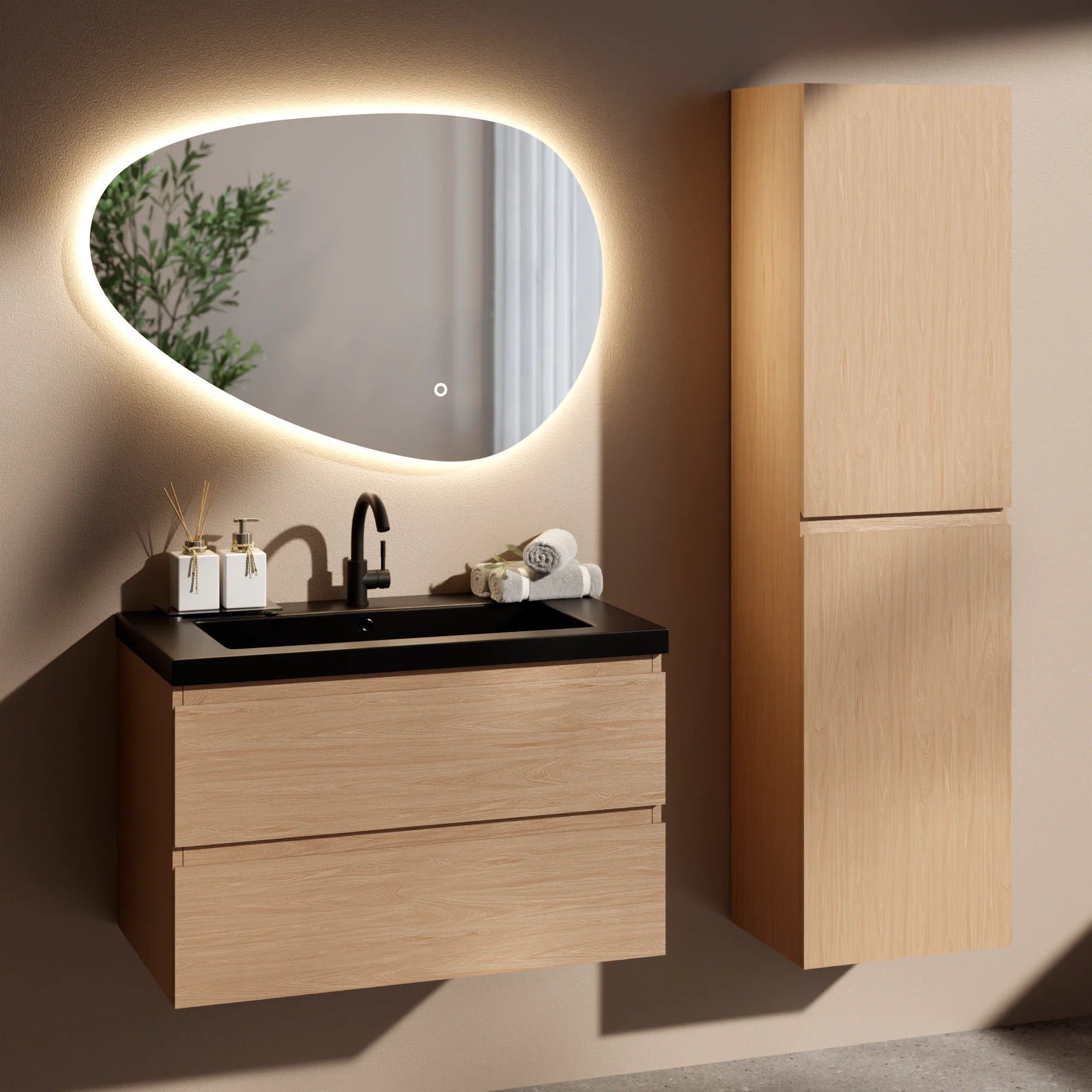 Badkamermeubel set Monaco - 80cm - Licht Eiken - Wastafel Zwart