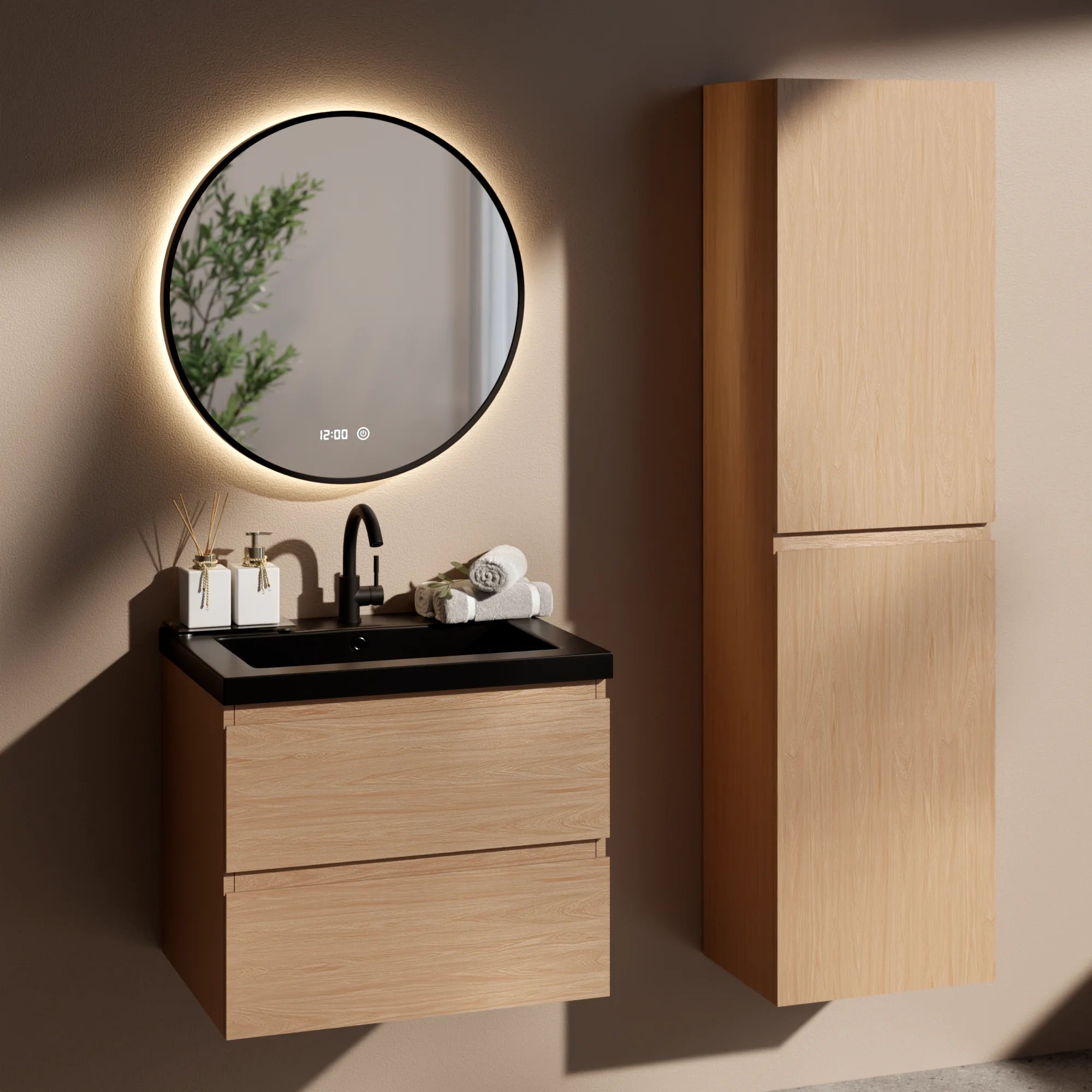 Badkamermeubel set Monaco - 60cm - Licht Eiken - Wastafel Zwart - PRE-ORDER