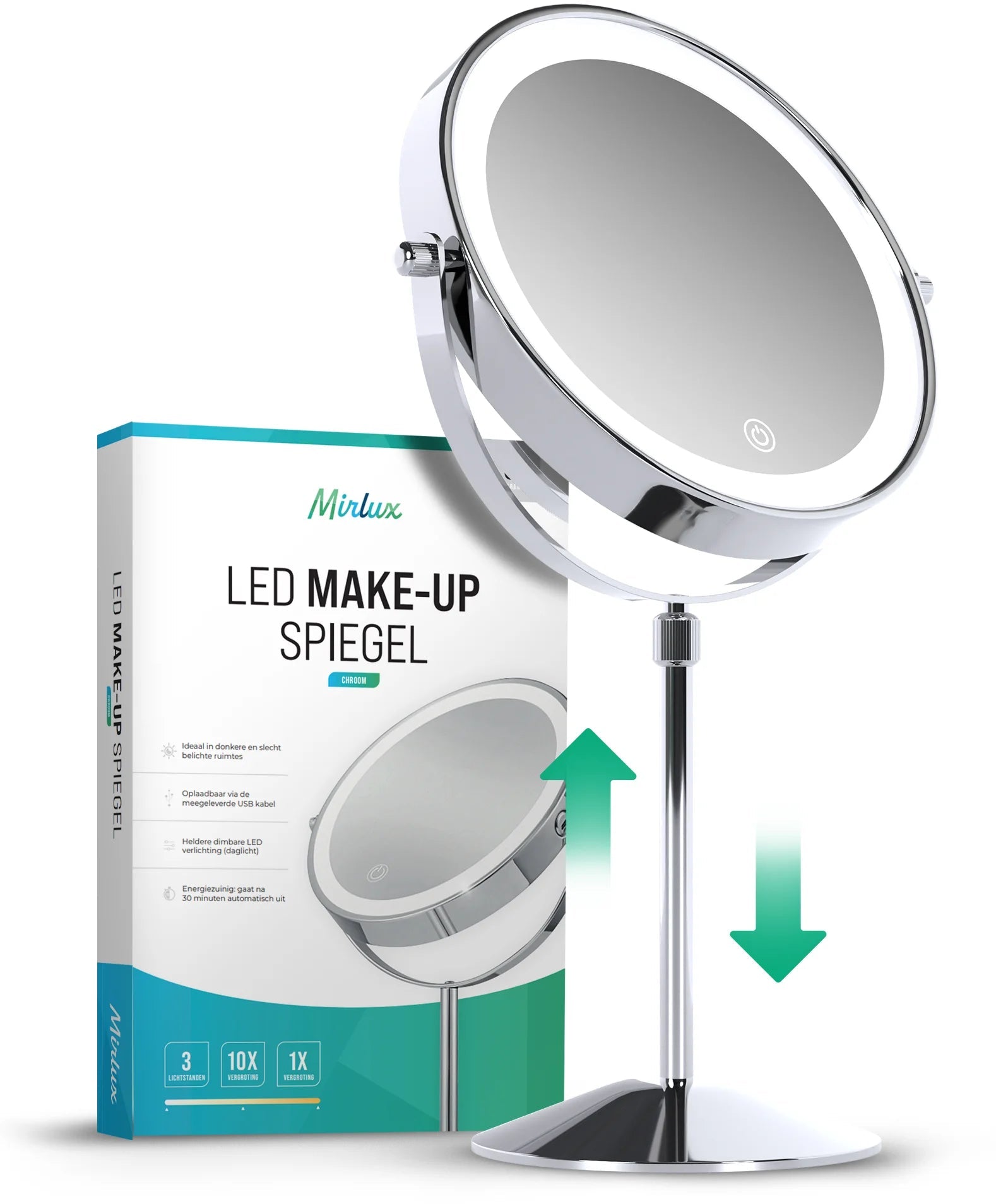 Make-Up Spiegel - Hoogte verstelbaar - Chrome - 1-10x Vergroting