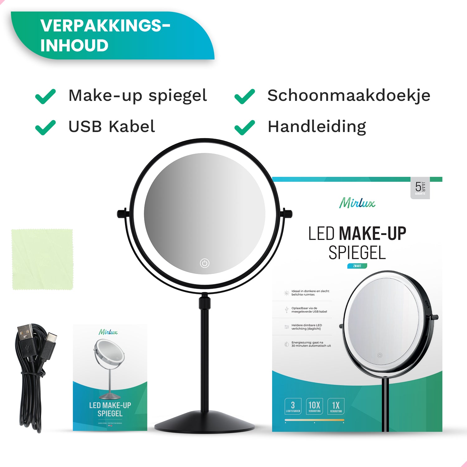 Make-Up Spiegel - Hoogte verstelbaar - Zwart - 1-10x Vergroting
