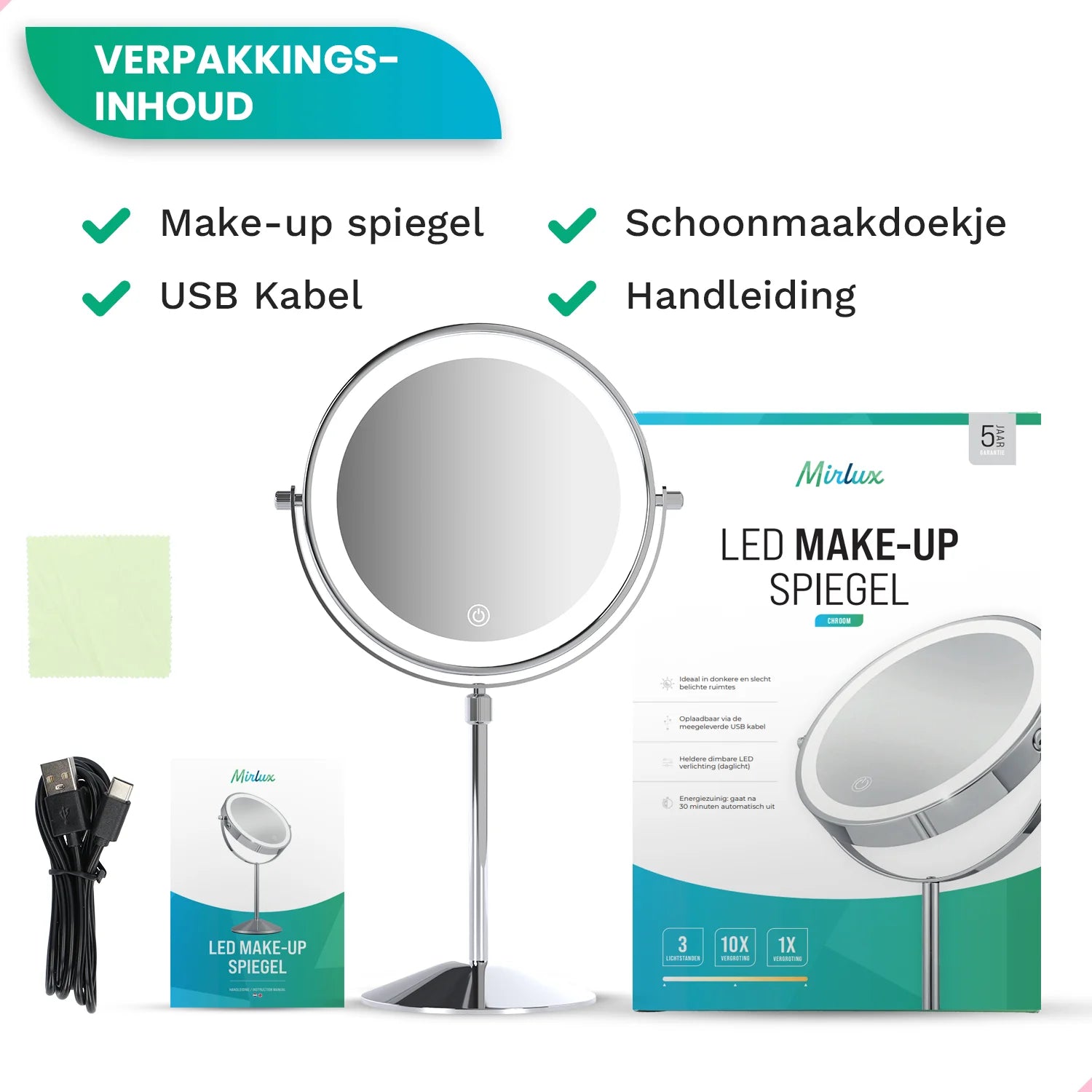 Make-Up Spiegel - Hoogte verstelbaar - Chrome - 1-10x Vergroting