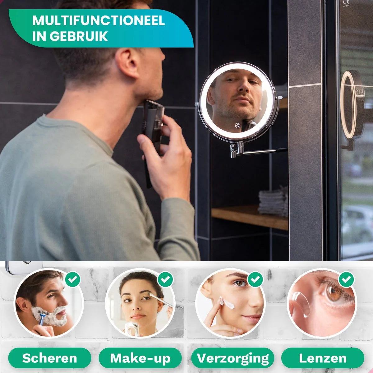 Make-Up Spiegel - Oplaadbaar - Chroom - 1-7x Vergroting