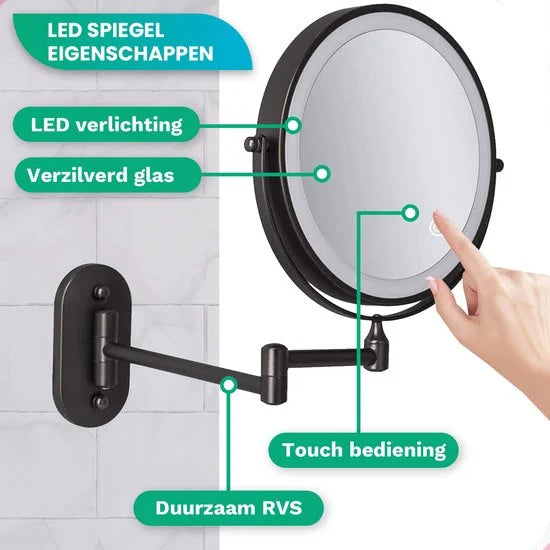 Make-Up Spiegel - Batterij - Zwart - 1-5x Vergroting