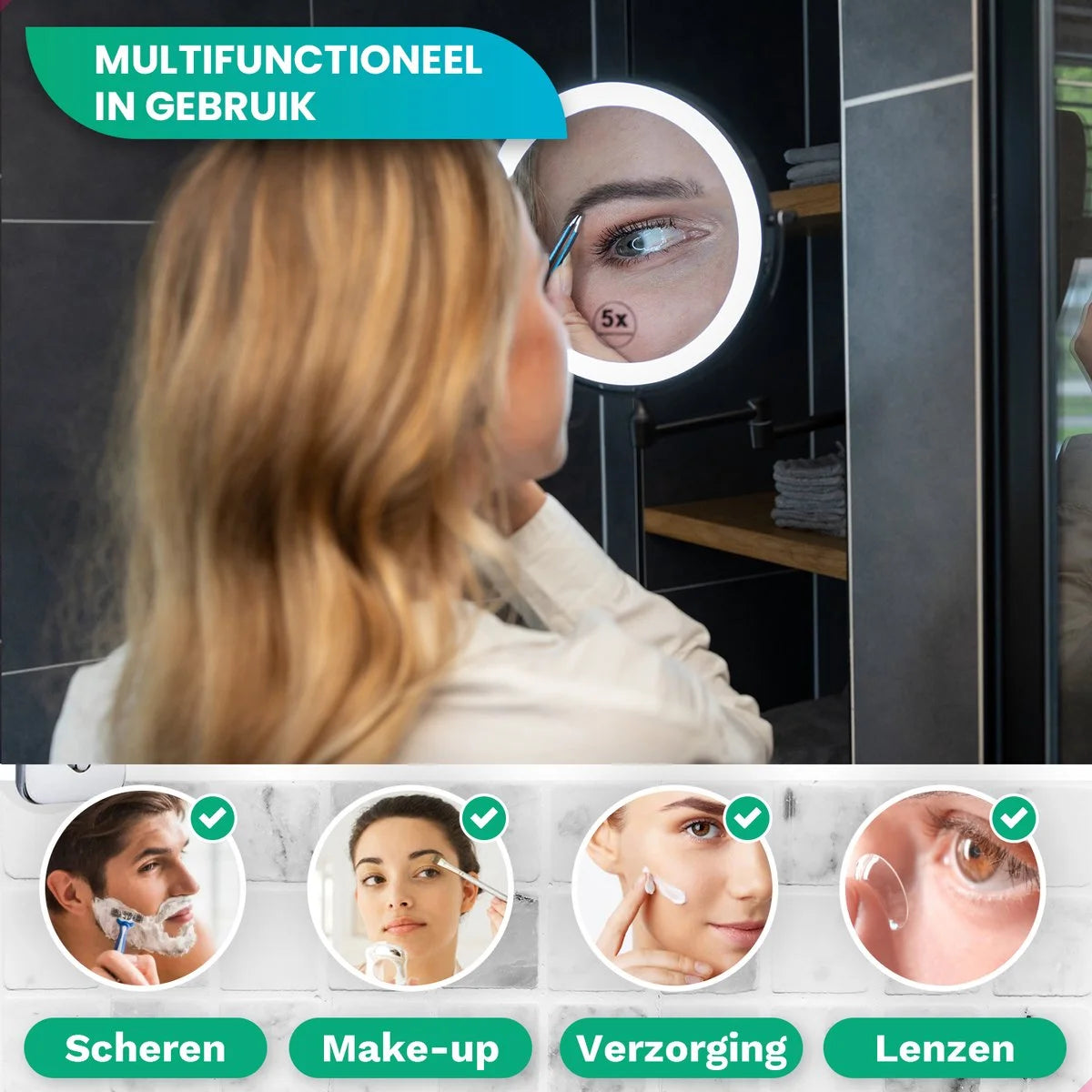 Make-Up Spiegel - Batterij - Zwart - 1-5x Vergroting