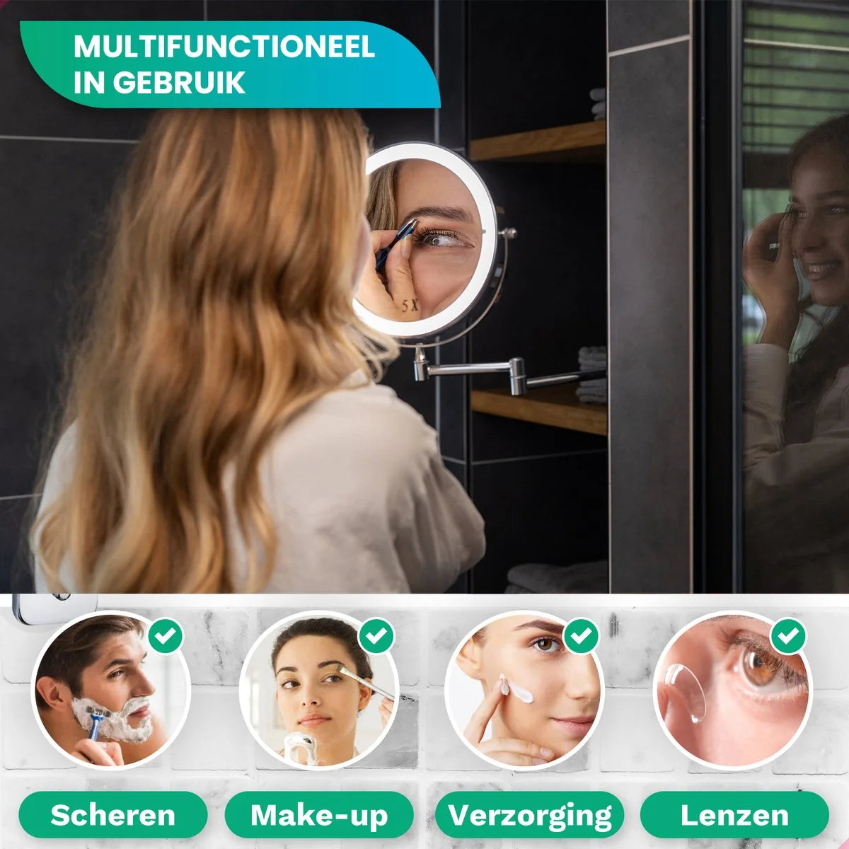 Make-Up Spiegel - Oplaadbaar - Chroom - 1-5x Vergroting