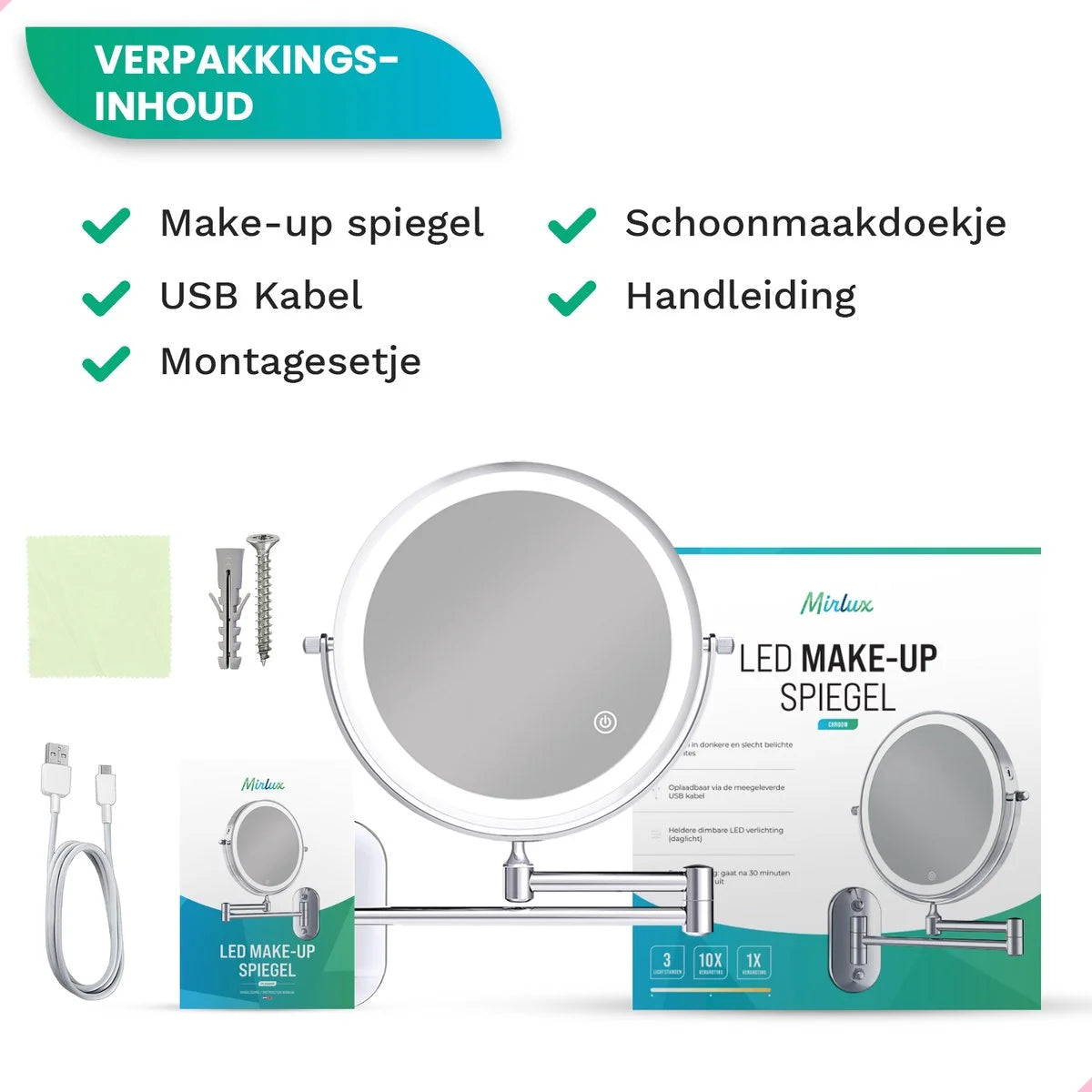 Make-Up Spiegel - Oplaadbaar - Chroom - 1-5x Vergroting