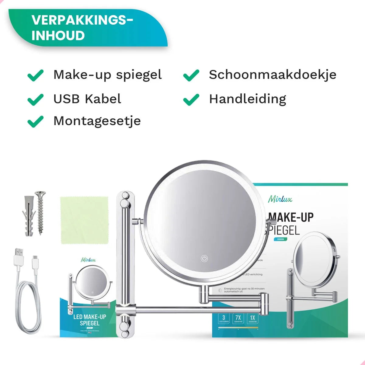 Make-Up Spiegel - Oplaadbaar - Chroom - 1-7x Vergroting