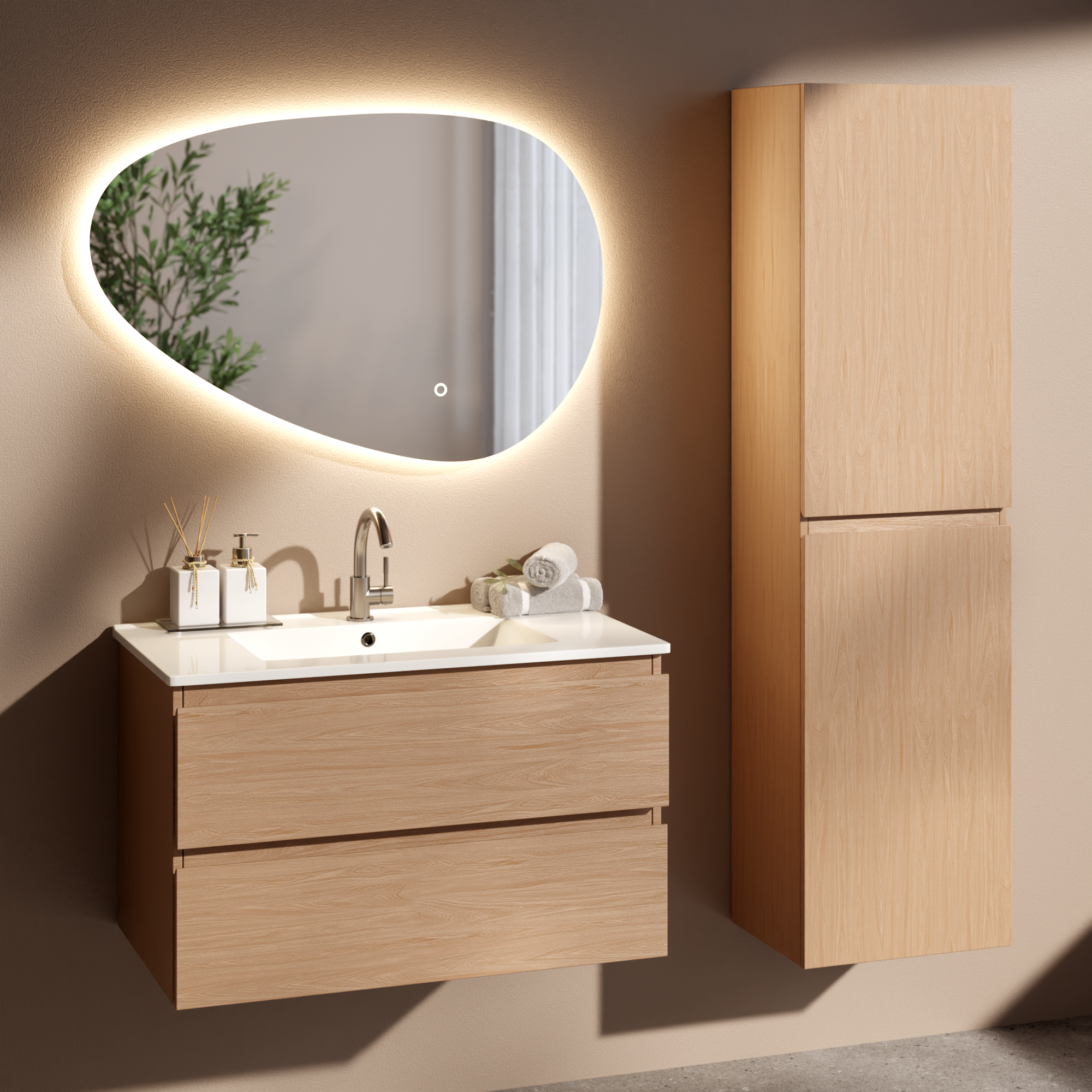 Badkamermeubel set - 80cm - Licht Eiken - Wastafel Wit - PRE-ORDER