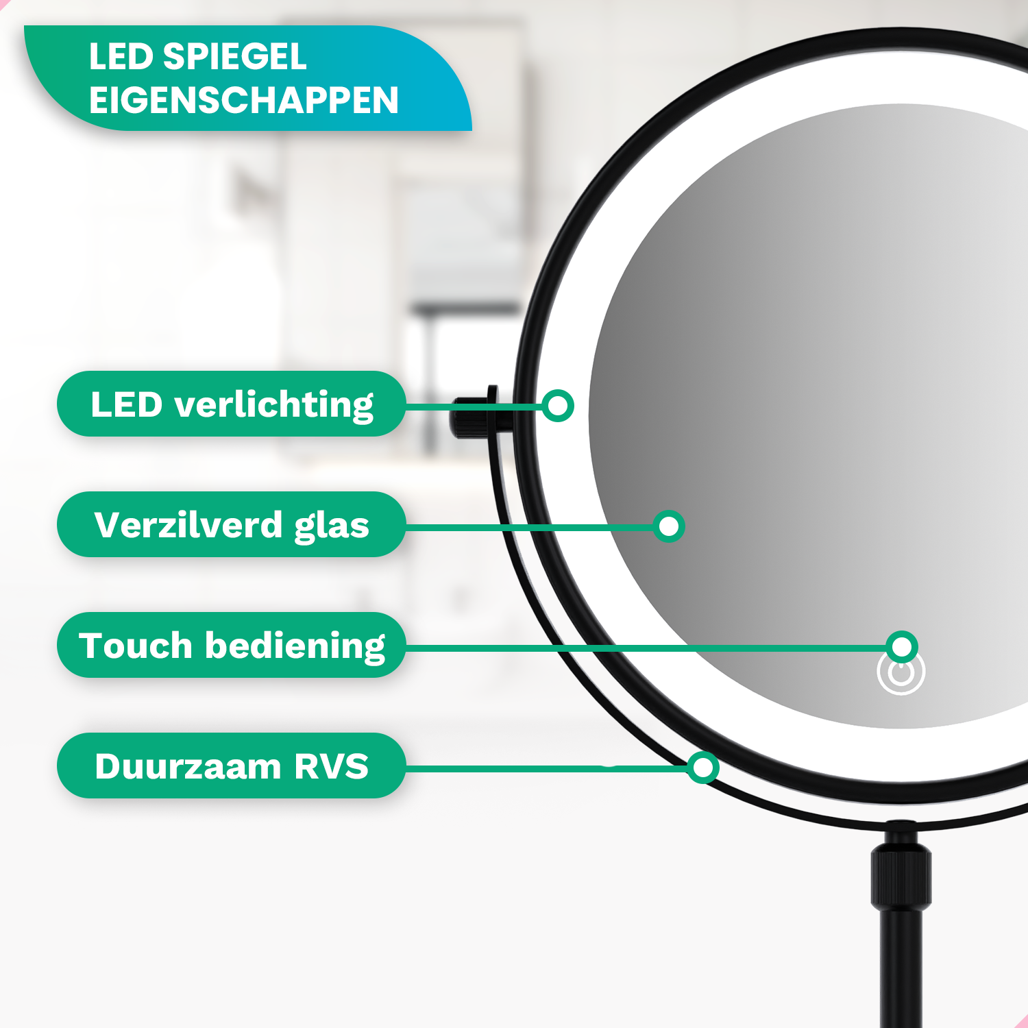 Make-Up Spiegel - Hoogte verstelbaar - Zwart - 1-10x Vergroting