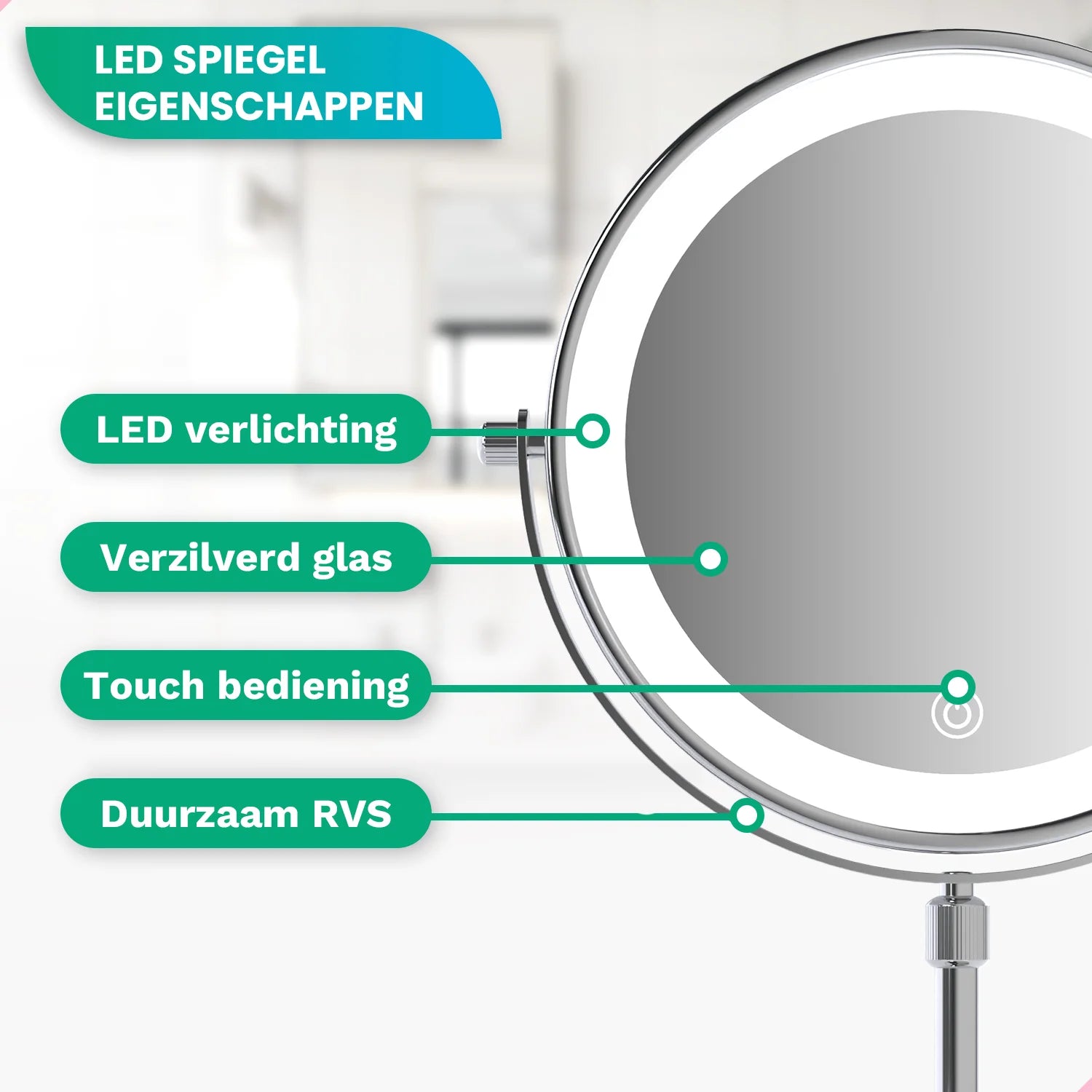 Make-Up Spiegel - Hoogte verstelbaar - Chrome - 1-10x Vergroting