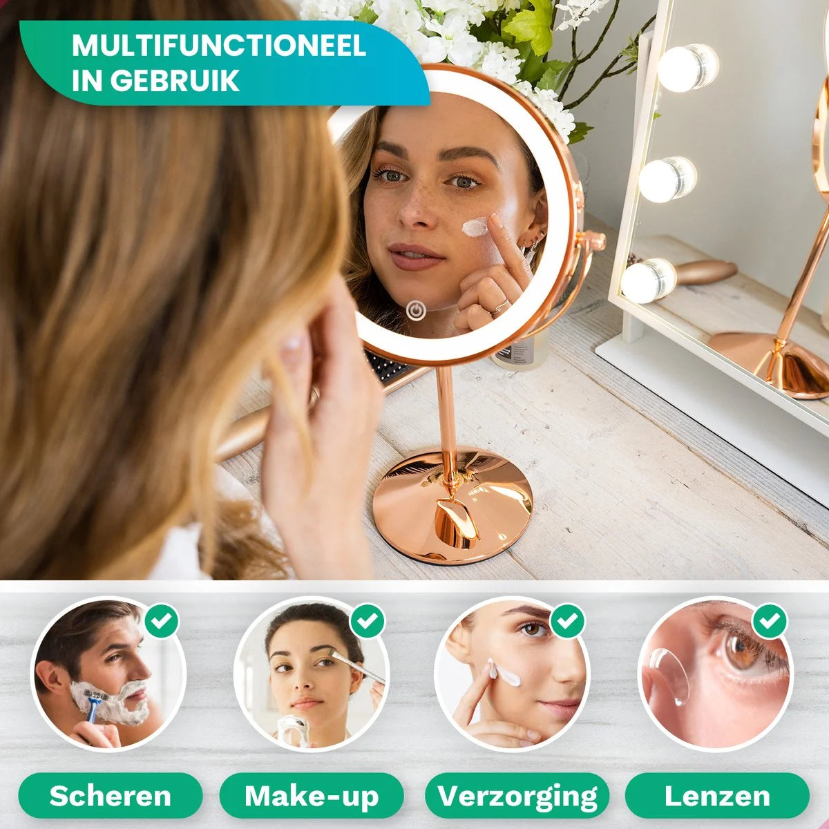Make-Up Spiegel - Oplaadbaar - Rosé - 1-10x Vergroting