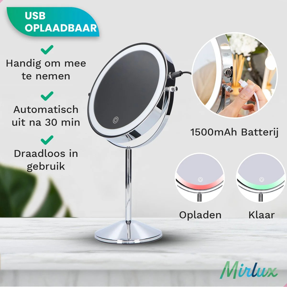 Make-Up Spiegel - Oplaadbaar - Chroom - 1-10x Vergroting