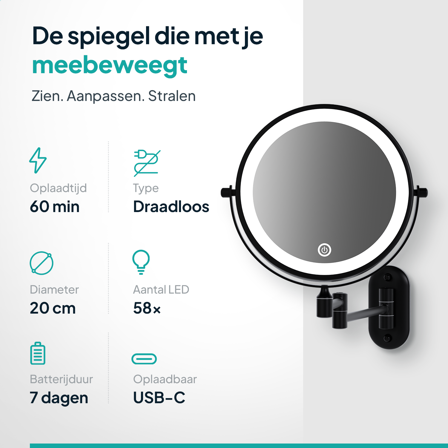 Make-Up Spiegel - Oplaadbaar - Zwart - 1-5x Vergroting