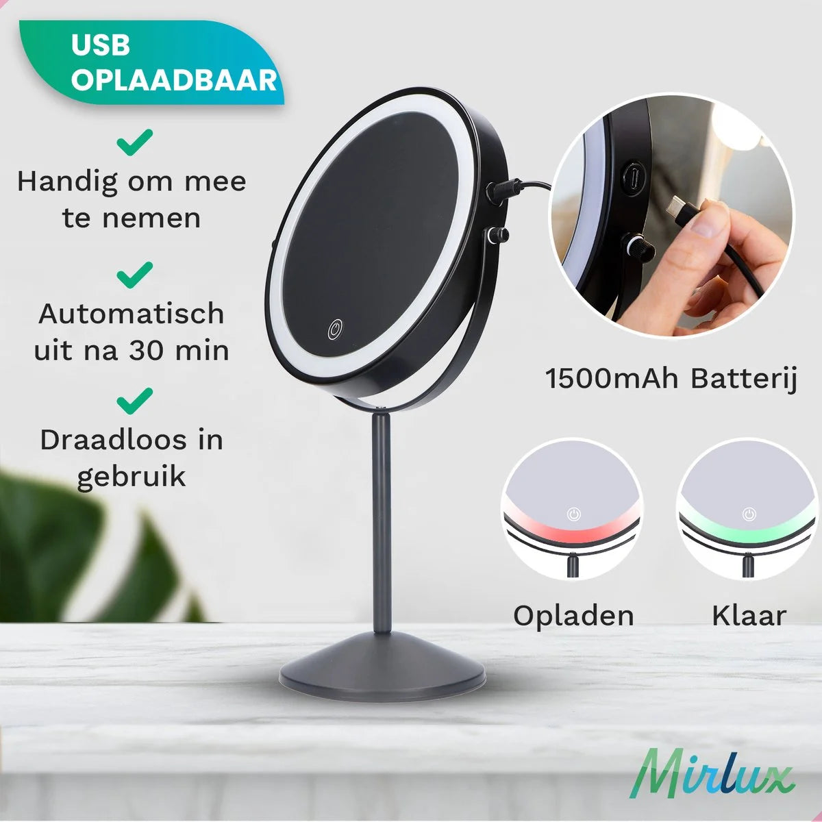 Make-Up Spiegel - Oplaadbaar - Zwart - 1-10x Vergroting
