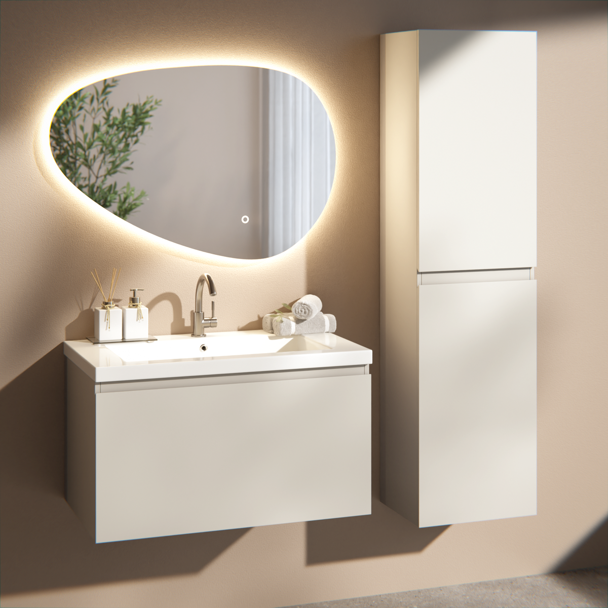 Badkamermeubelset Sova - 80cm - Taupe - Wastafel Wit