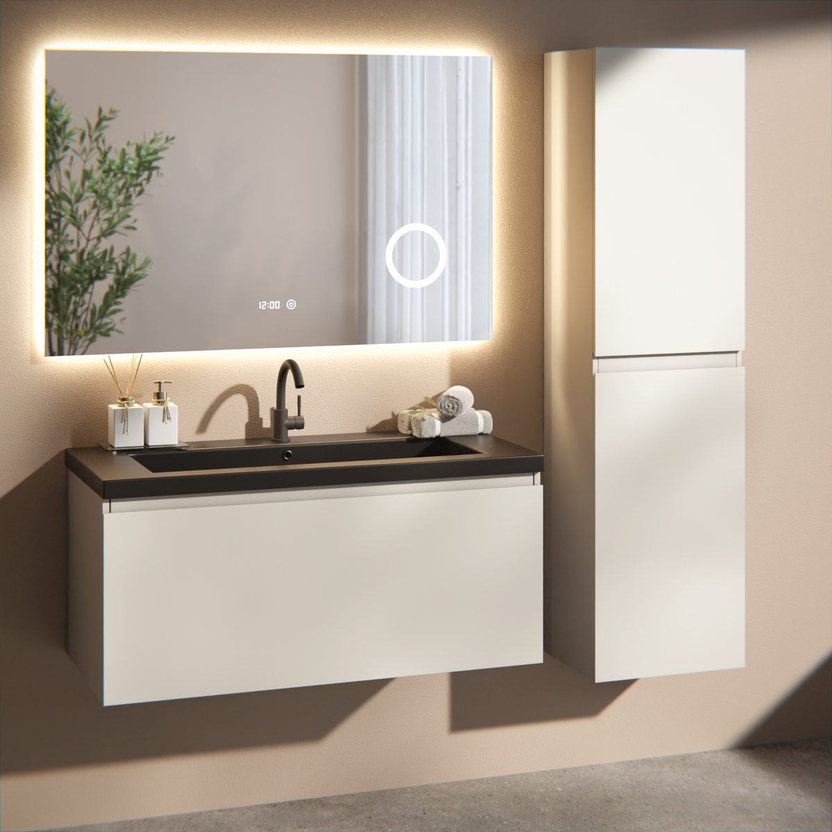 Badkamermeubelset Sena - 100cm - Taupe - Wastafel Zwart
