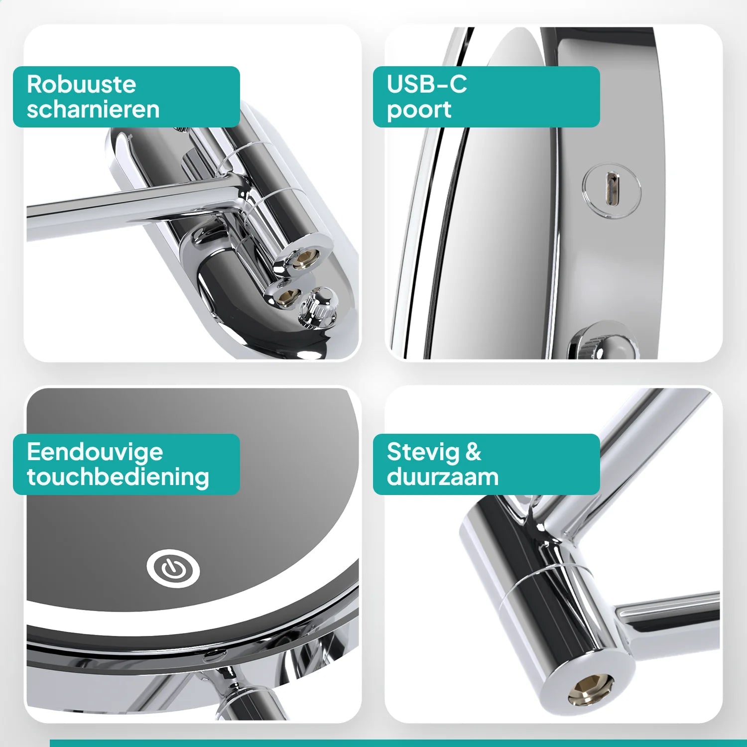 Make-Up Spiegel - Oplaadbaar - Chroom - 1-10x Vergroting - PRE-ORDER