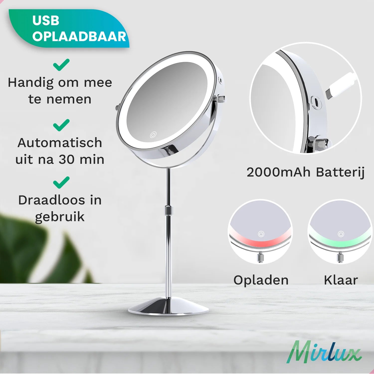 Make-Up Spiegel - Hoogte verstelbaar - Chrome - 1-10x Vergroting