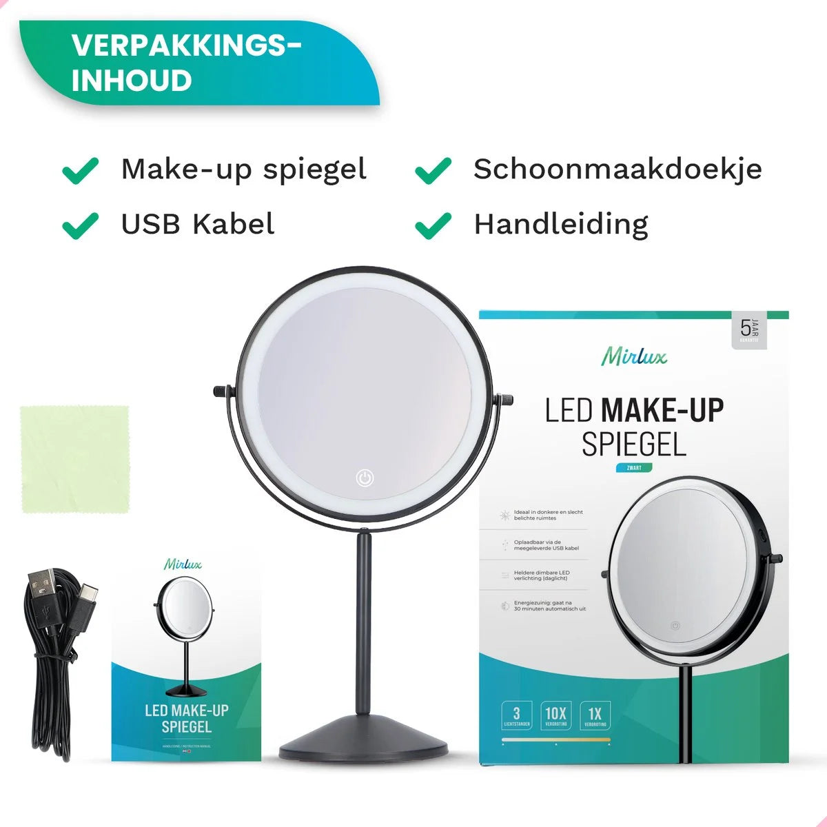 Make-Up Spiegel - Oplaadbaar - Zwart - 1-10x Vergroting