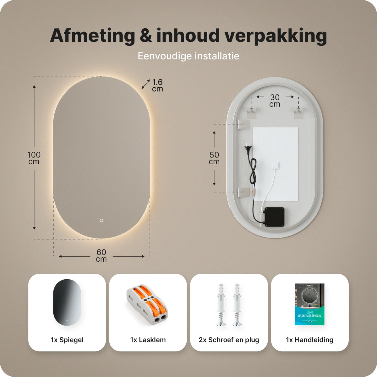 Badkamerspiegel 100x60 frameless Oval