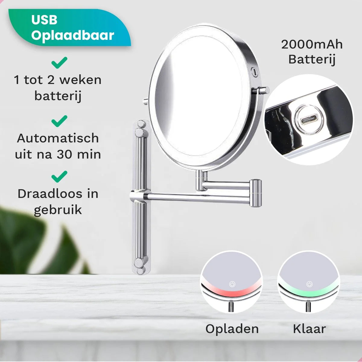 Make-Up Spiegel - Oplaadbaar - Chroom - 1-7x Vergroting