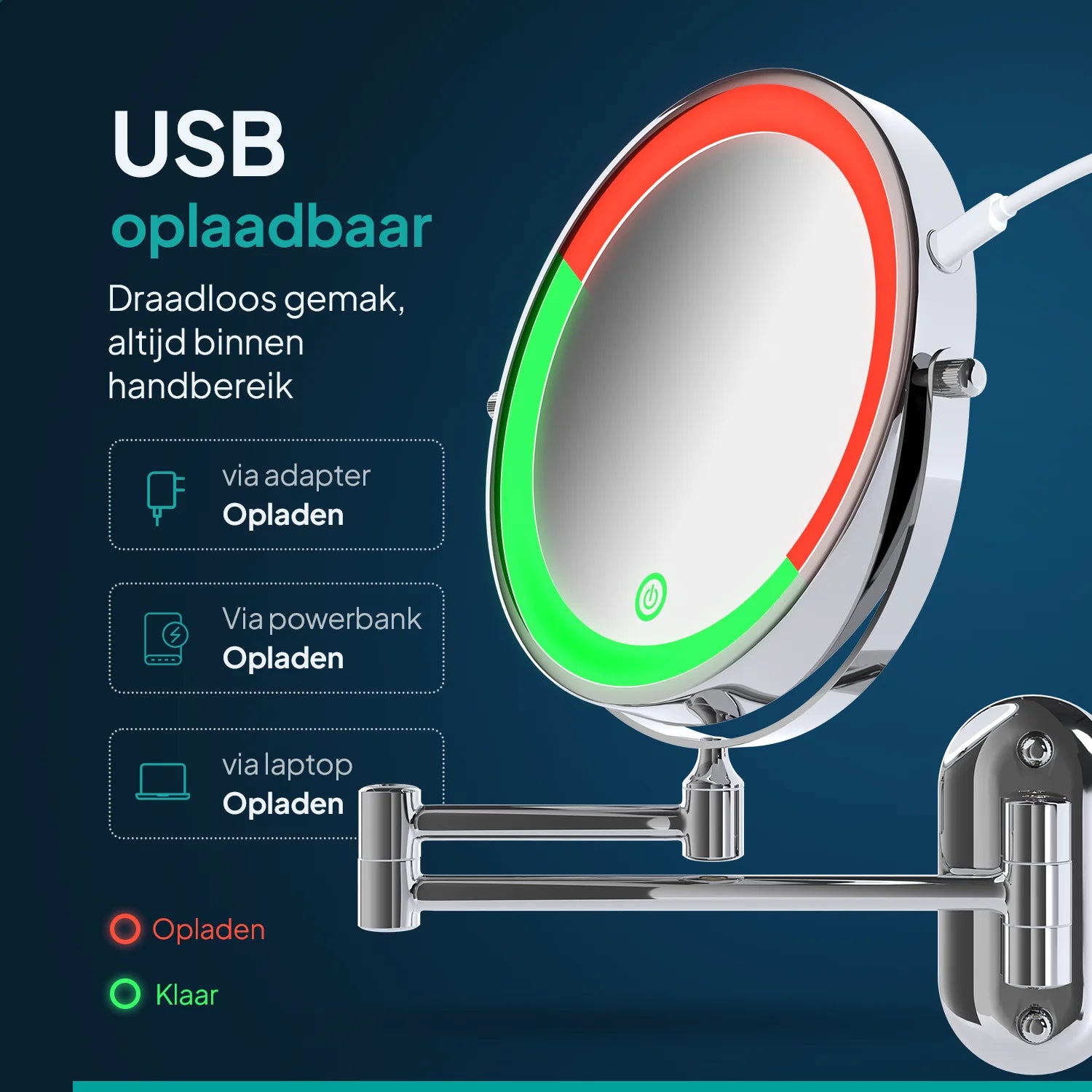 Make-Up Spiegel - Oplaadbaar - Chroom - 1-10x Vergroting - PRE-ORDER