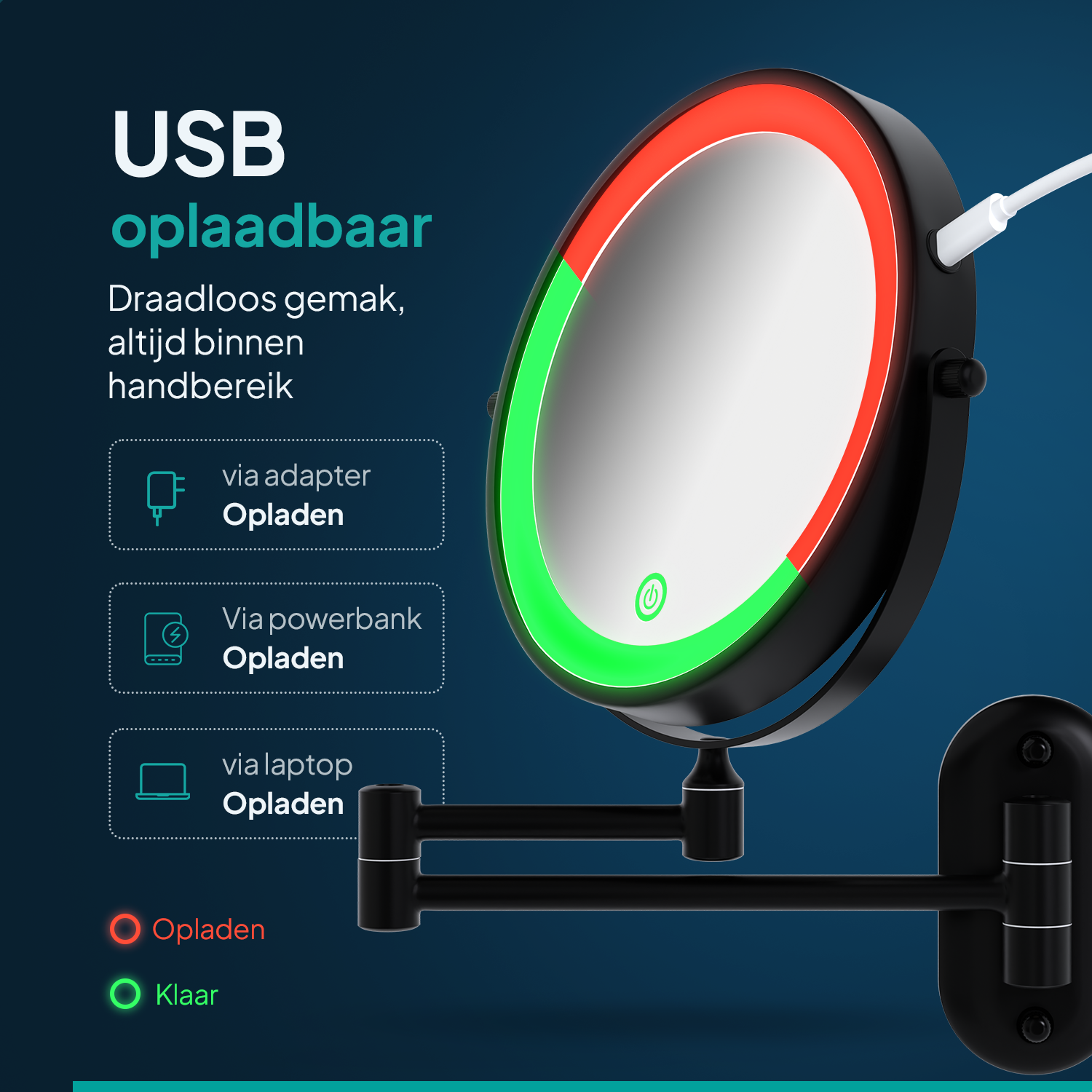 Make-Up Spiegel - Oplaadbaar - Zwart - 1-5x Vergroting