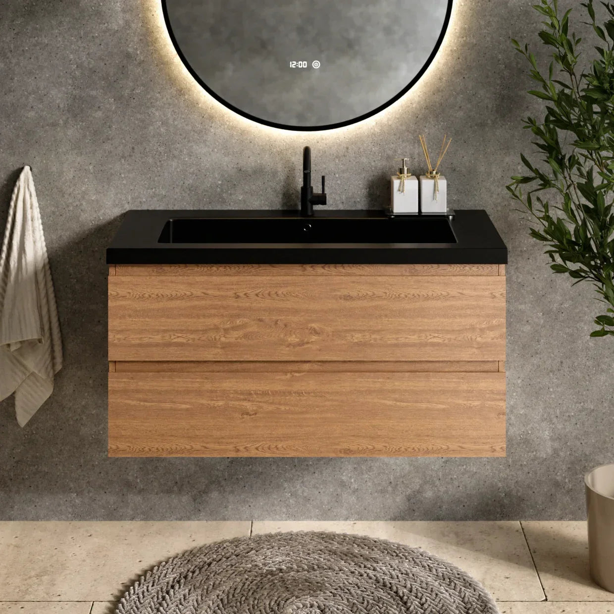 Badkamermeubelset Verona - 100cm - Warm Eiken - Wastafel Zwart - PRE-ORDER