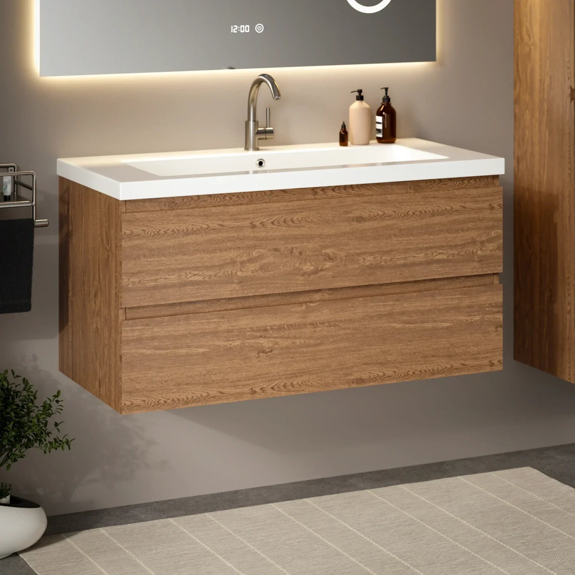 Badkamermeubelset Valento - 100cm - Warm Eiken - Wastafel Wit - PRE-ORDER