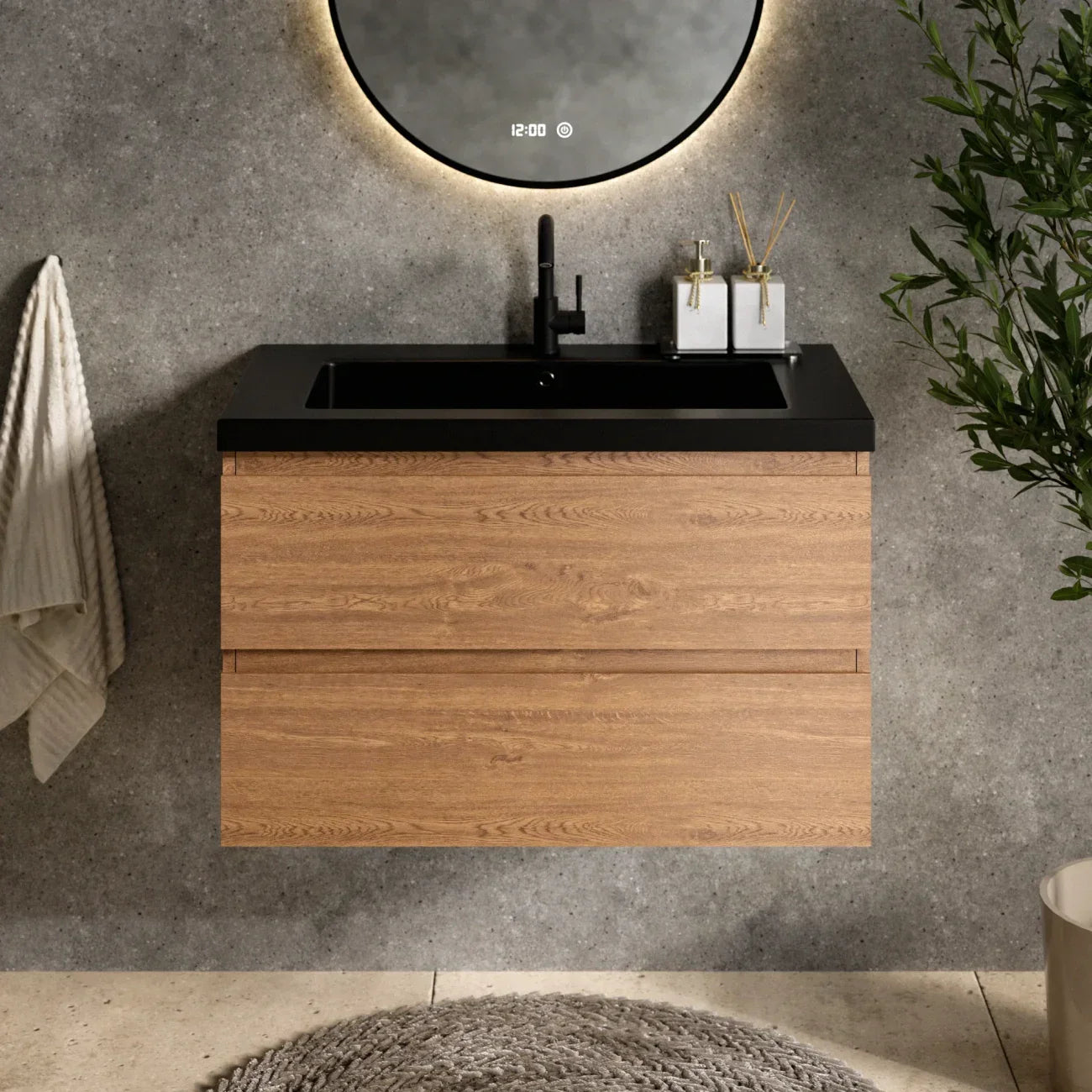 Badkamermeubelset Verona - 80 cm - Warm Eiken - Wastafel Zwart - PRE-ORDER