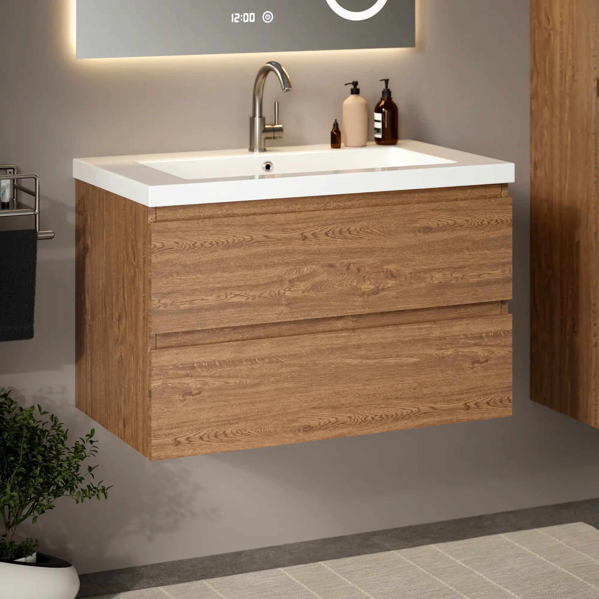 Badkamermeubelset Valento - 80cm - Warm Eiken - Wastafel Wit - PRE-ORDER
