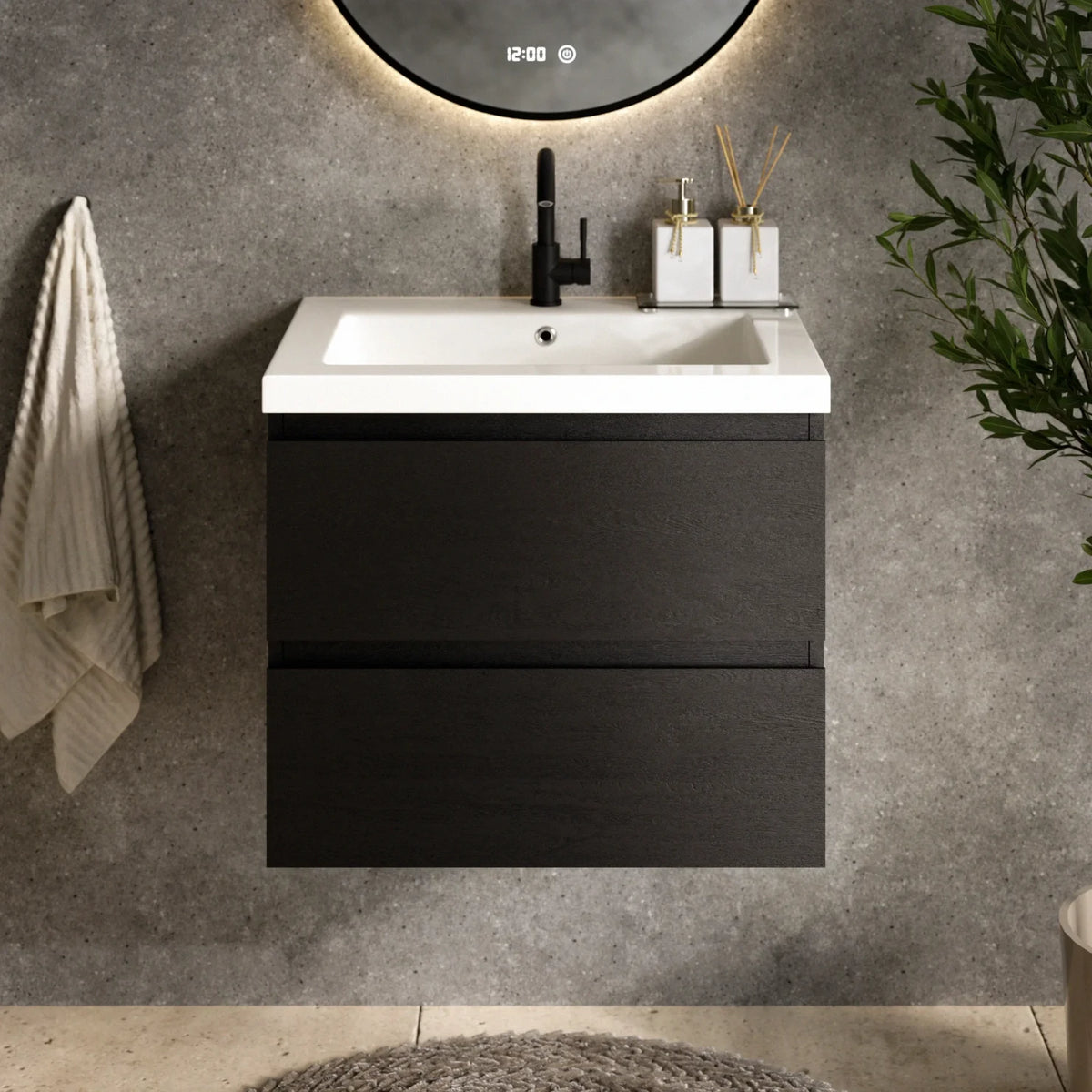 Badkamermeubelset Virello - 60cm - Zwart Eiken - Wastafel Wit