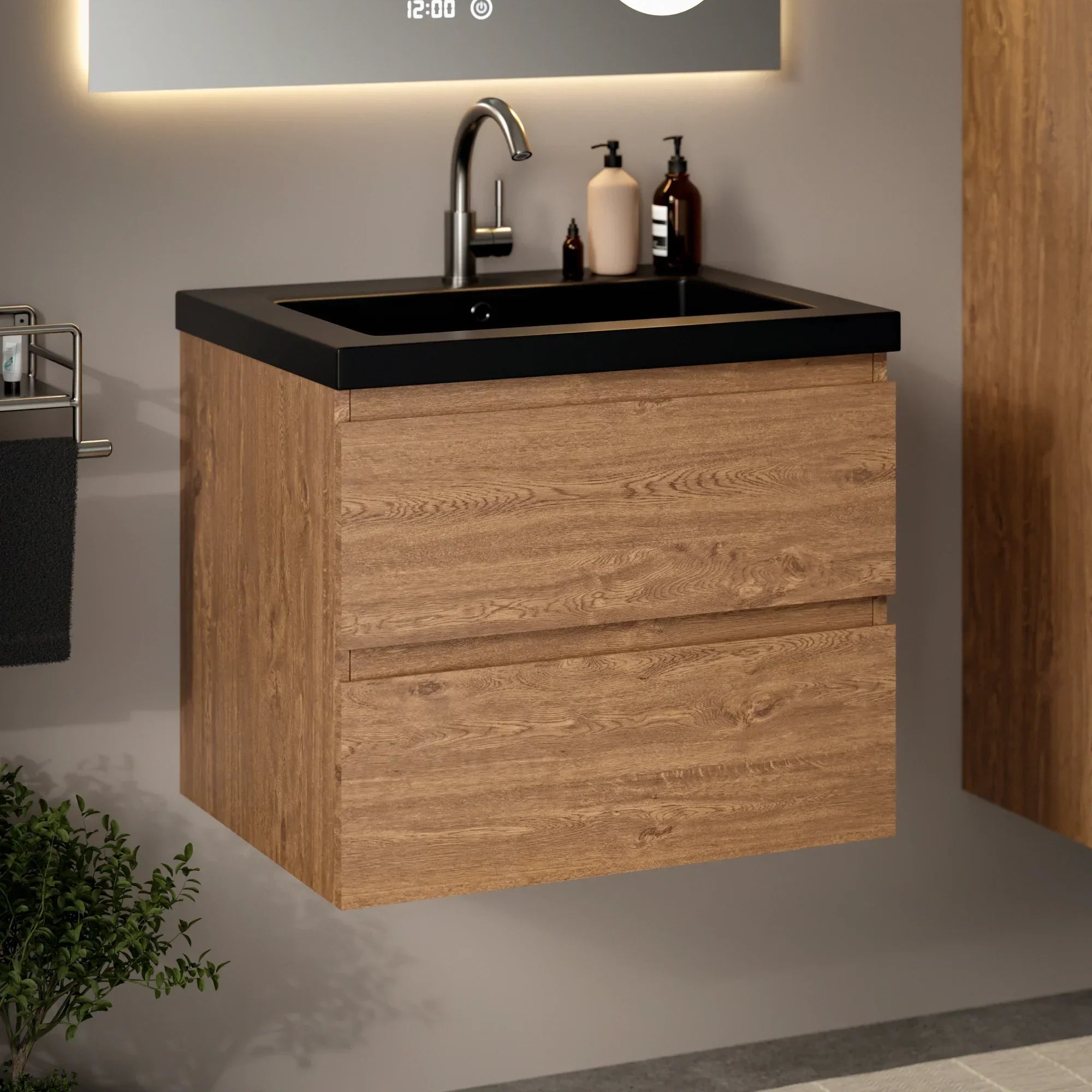 Badkamermeubelset Verona - 60cm- Warm Eiken - Wastafel Zwart - PRE-ORDER