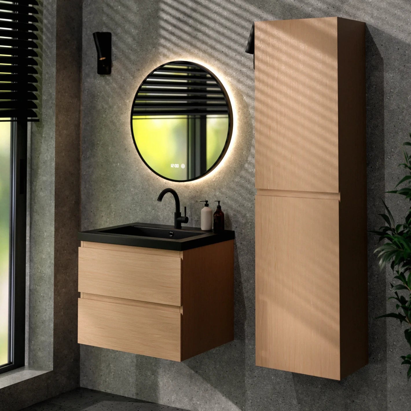 Badkamermeubelset Monaco - 60cm - Licht Eiken - Wastafel Zwart - PRE-ORDER