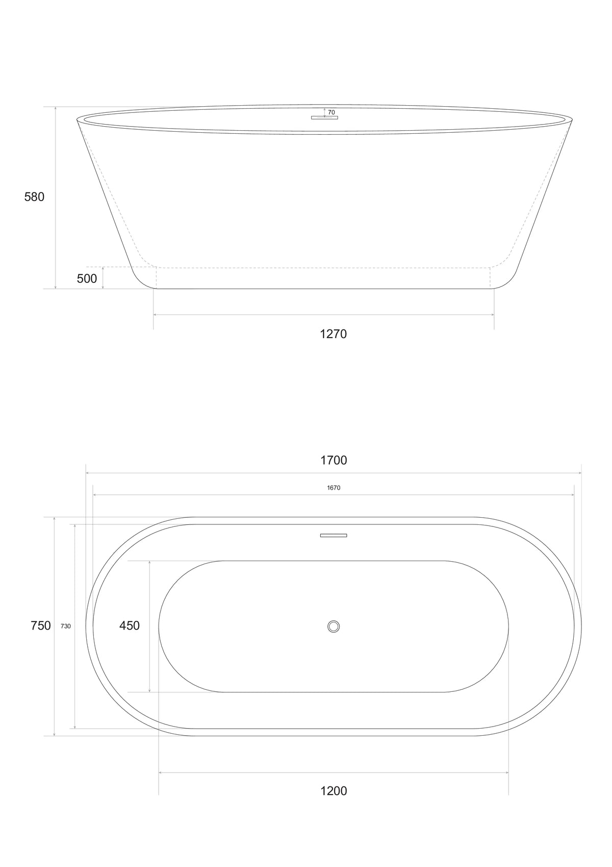 Vrijstaand bad Cleo - 170x75x58cm - Wit