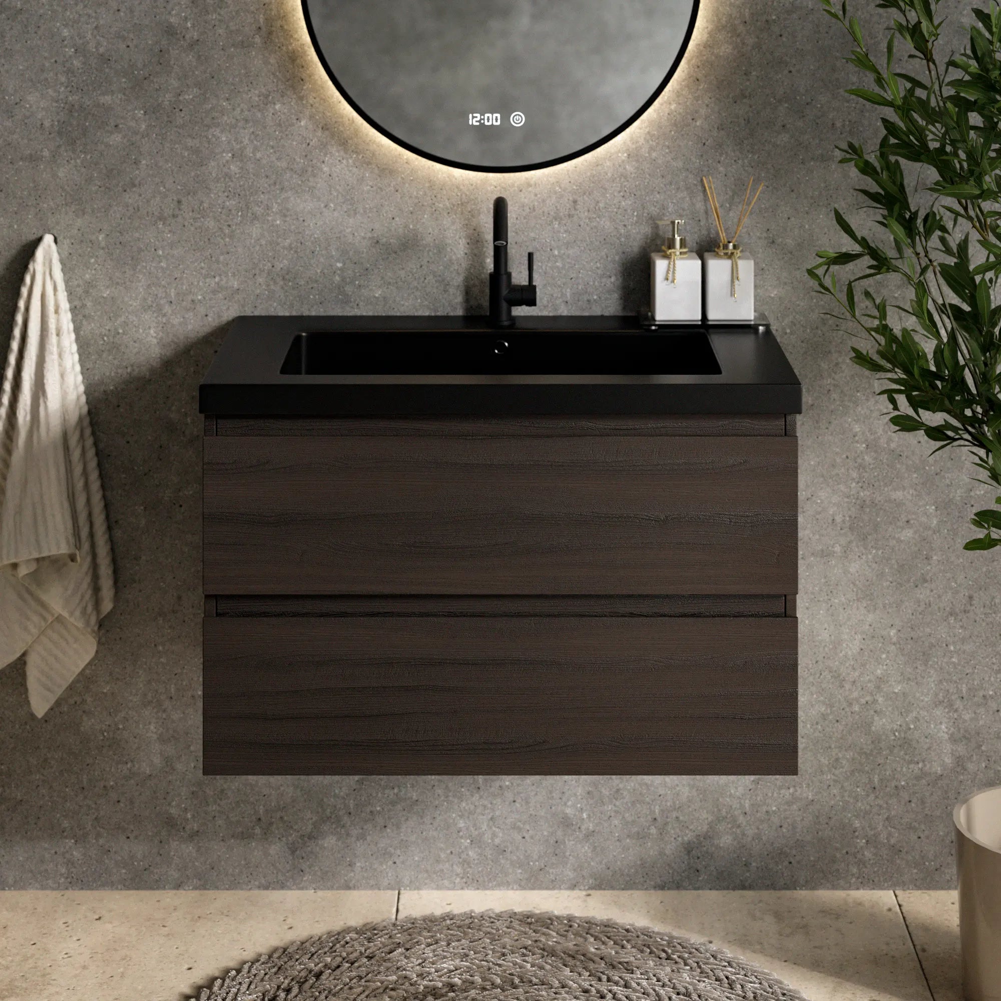 Badkamermeubel Sova - 80cm - Walnoot hout - Wastafel Wit Zwart - PRE-ORDER
