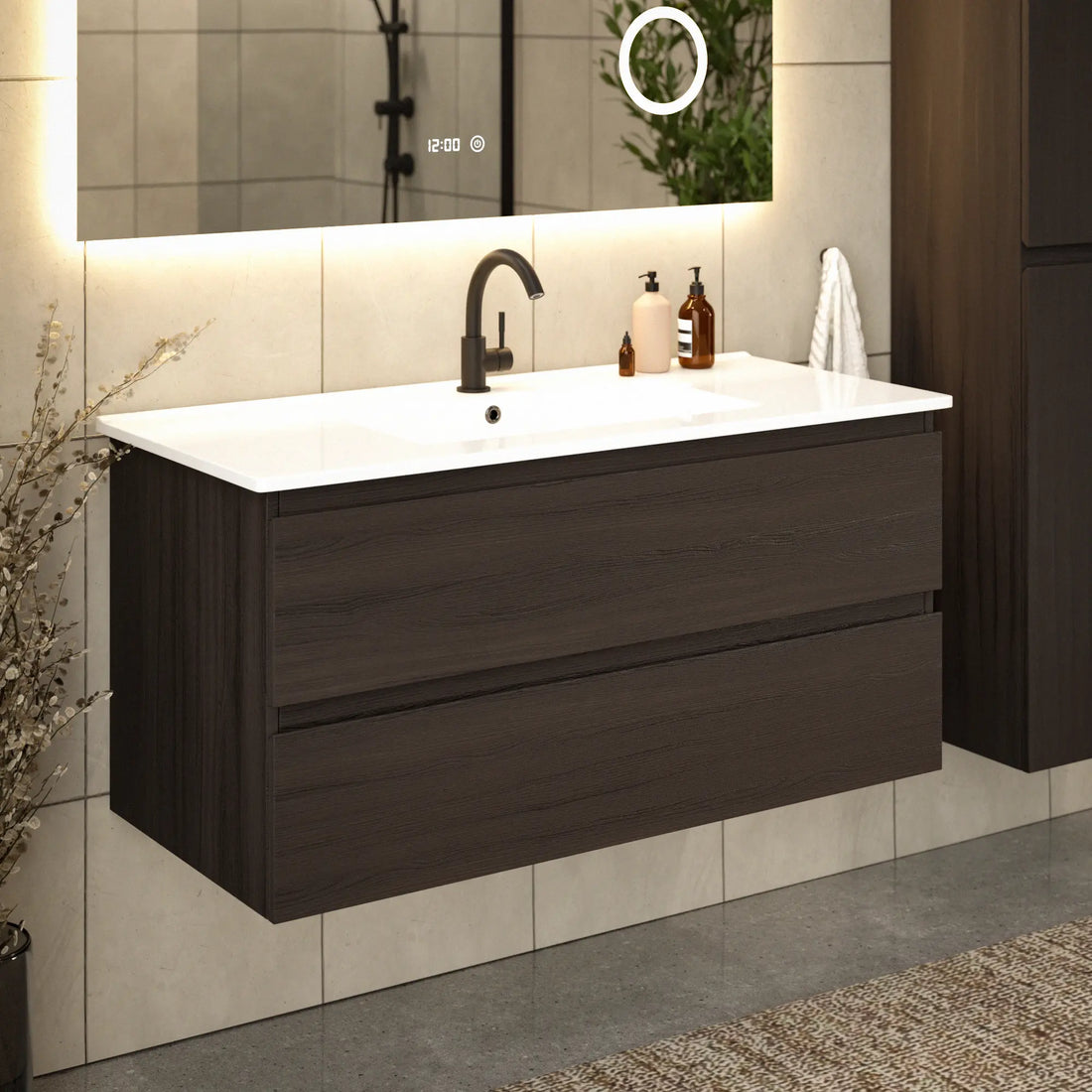Badkamermeubel Varo - 100 cm - Walnoot - Witte wastafel