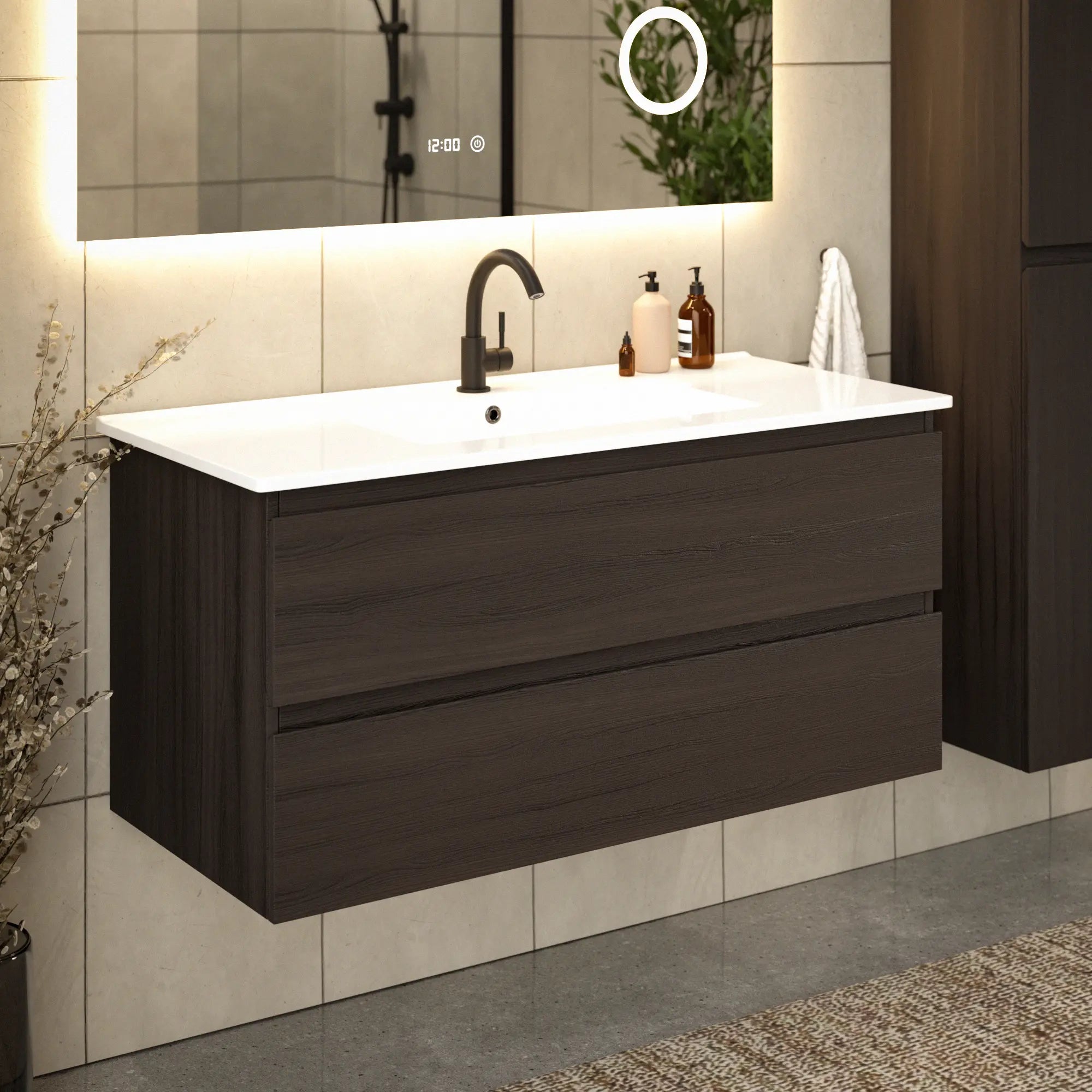 Badkamermeubel Varo - 100 cm - Walnoot hout  - Witte wastafel - PRE-ORDER