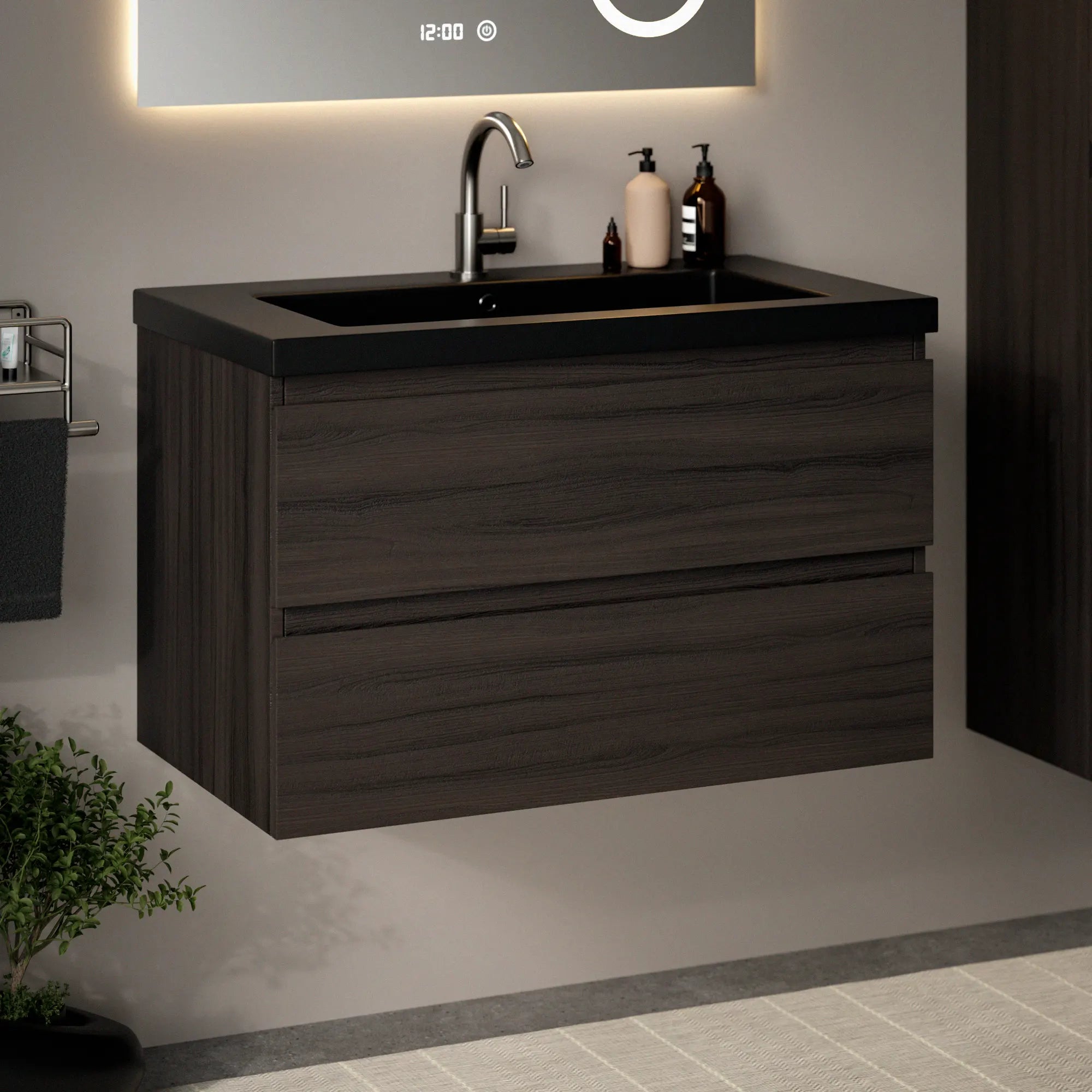 Badkamermeubel Sova - 80cm - Walnoot hout - Wastafel Wit Zwart - PRE-ORDER