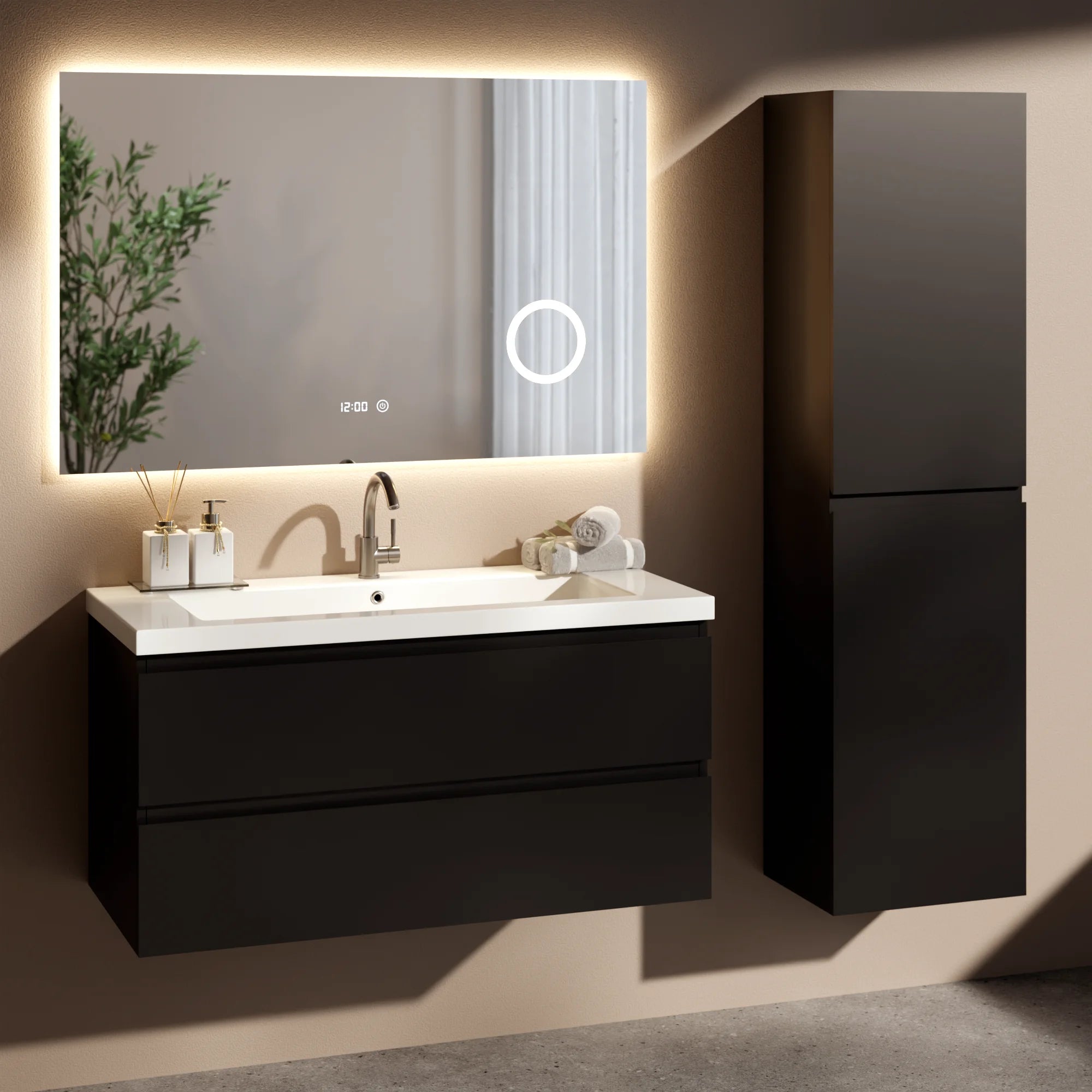 Badkamermeubel set Lunaro - 100cm - Mat Zwart - Wastafel Wit - PRE-ORDER