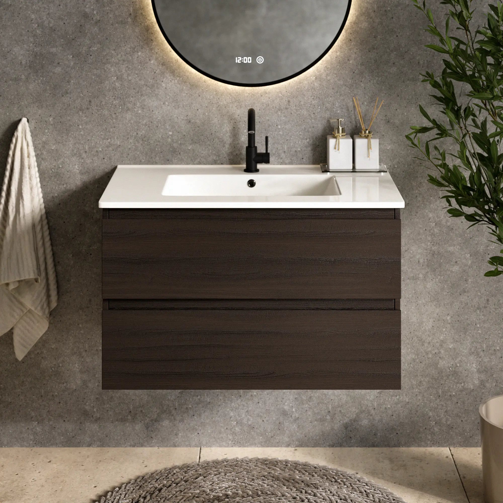Badkamermeubel Luma - 80 cm - Walnoot hout  - Witte wastafel - PRE-ORDER